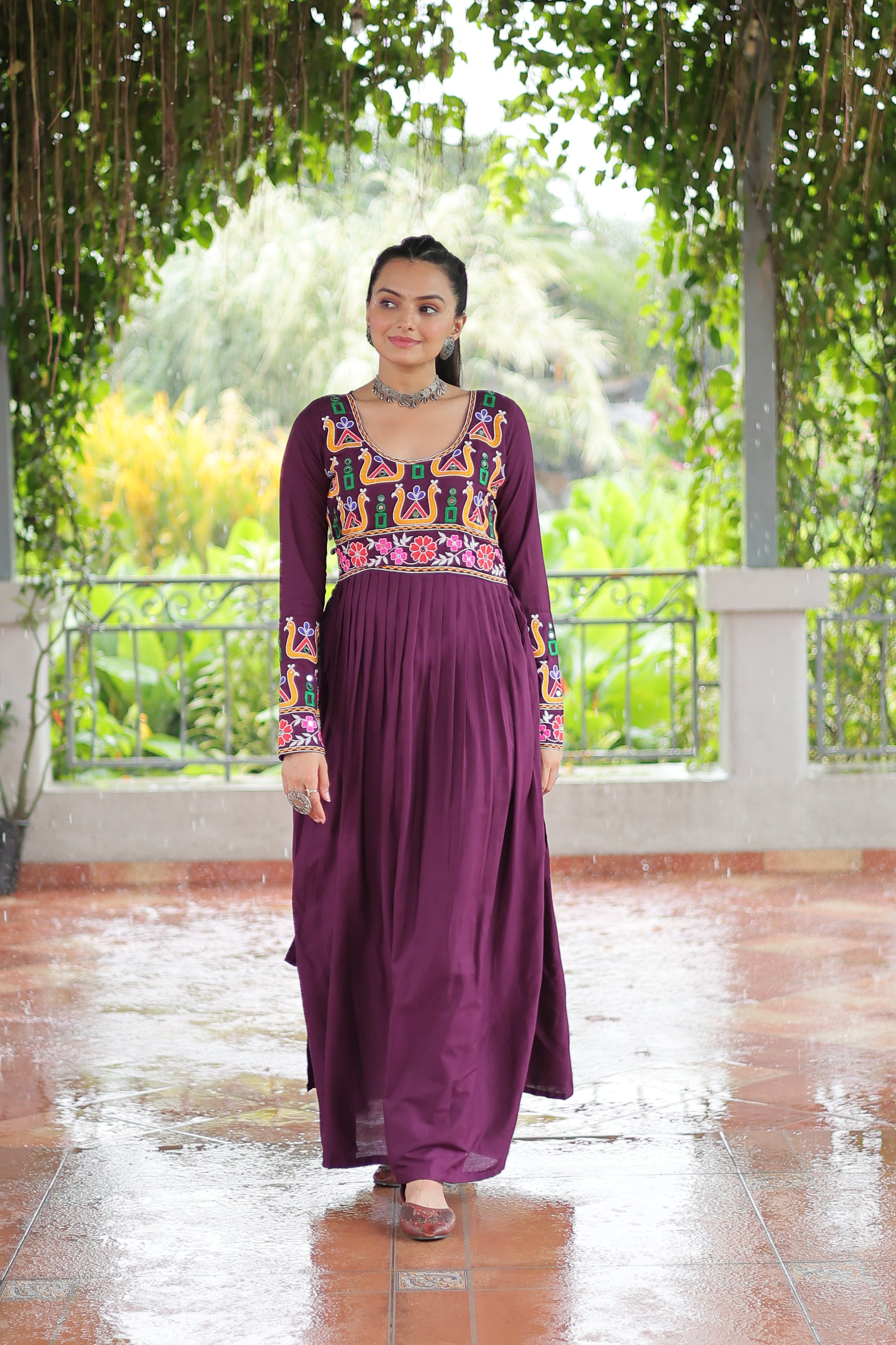 Kutchi Embroidered Anarkali Dress with Peacock & Floral Motifs