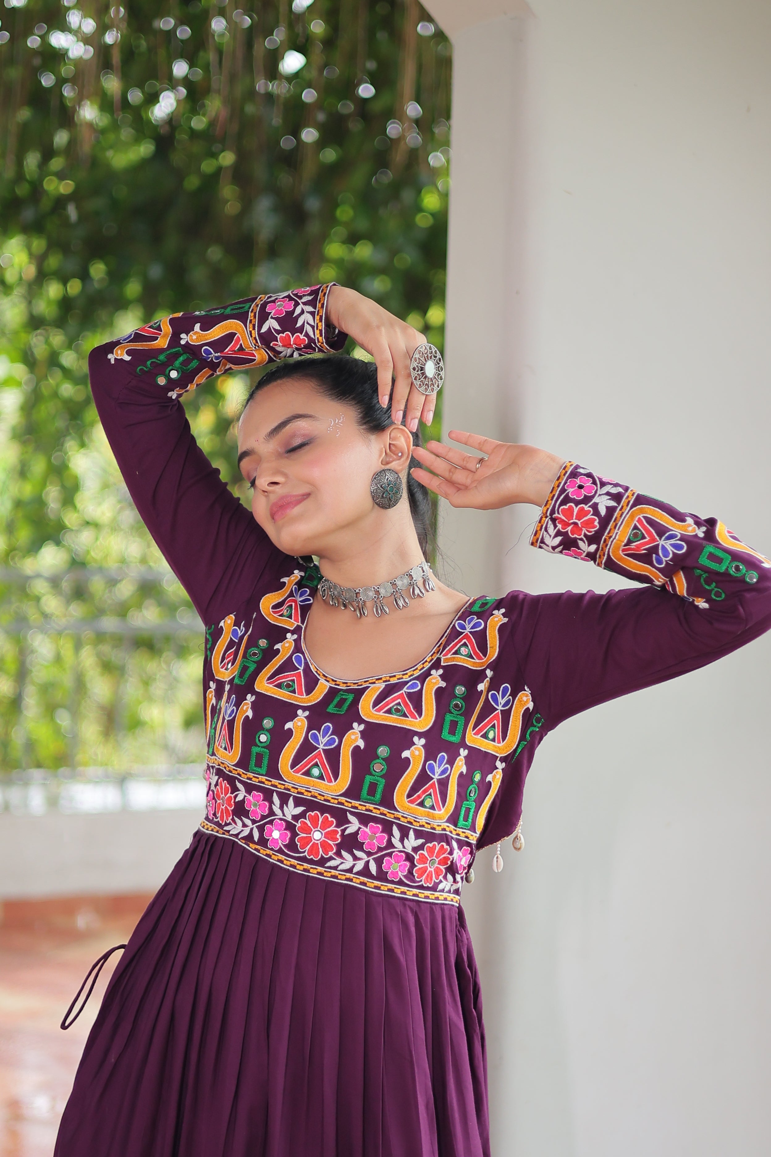 Kutchi Embroidered Anarkali Dress with Peacock & Floral Motifs