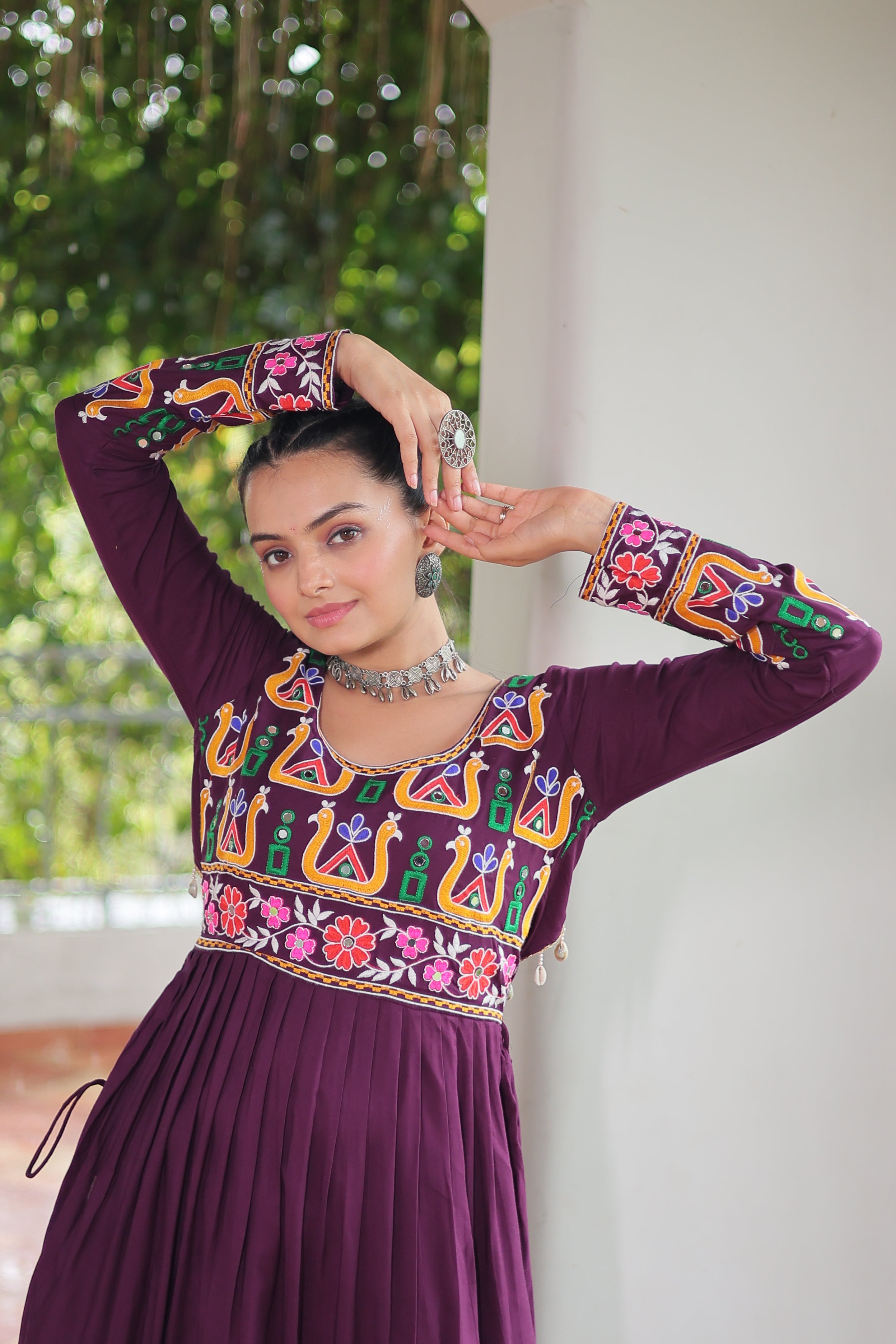 Kutchi Embroidered Anarkali Dress with Peacock & Floral Motifs