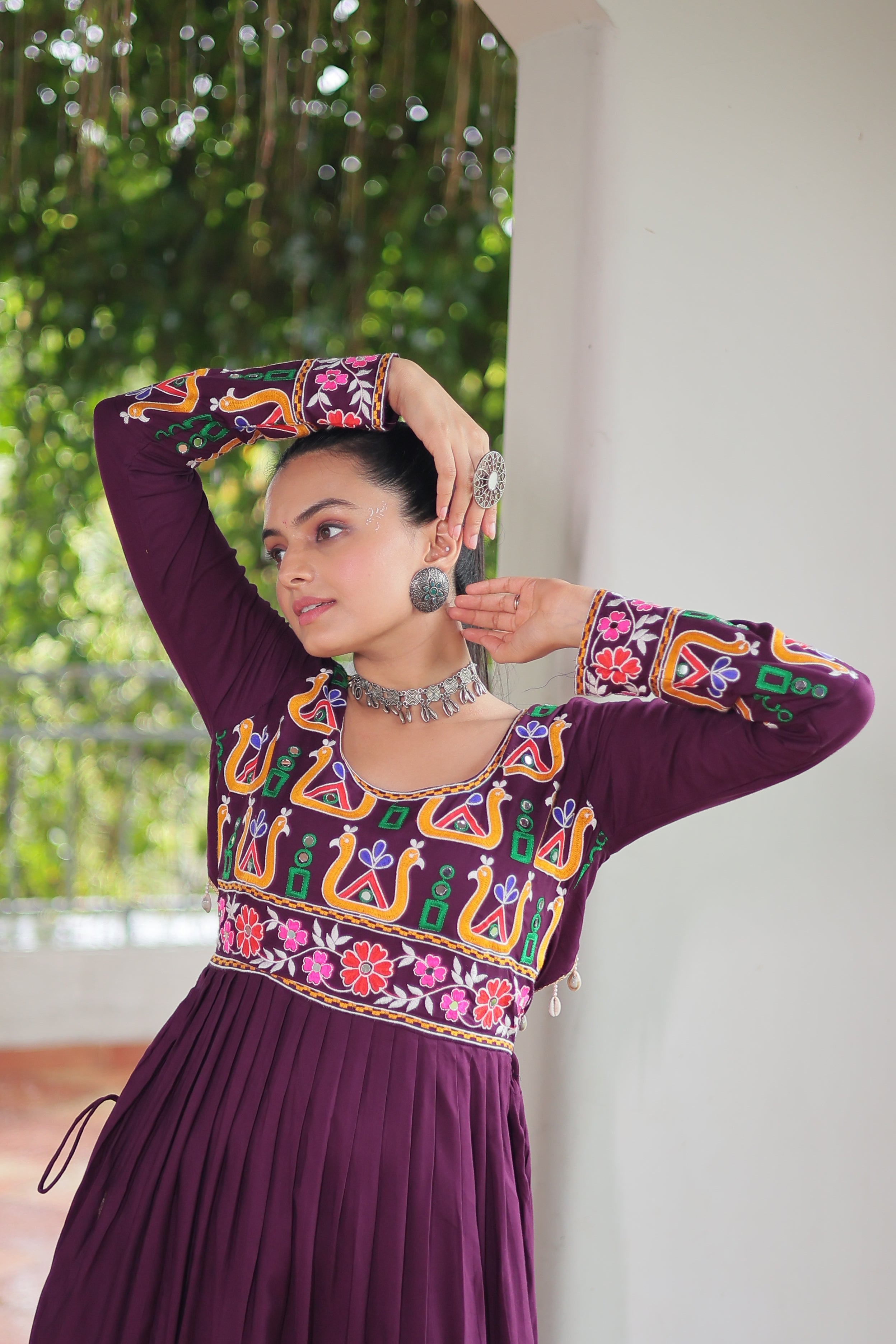 Kutchi Embroidered Anarkali Dress with Peacock & Floral Motifs