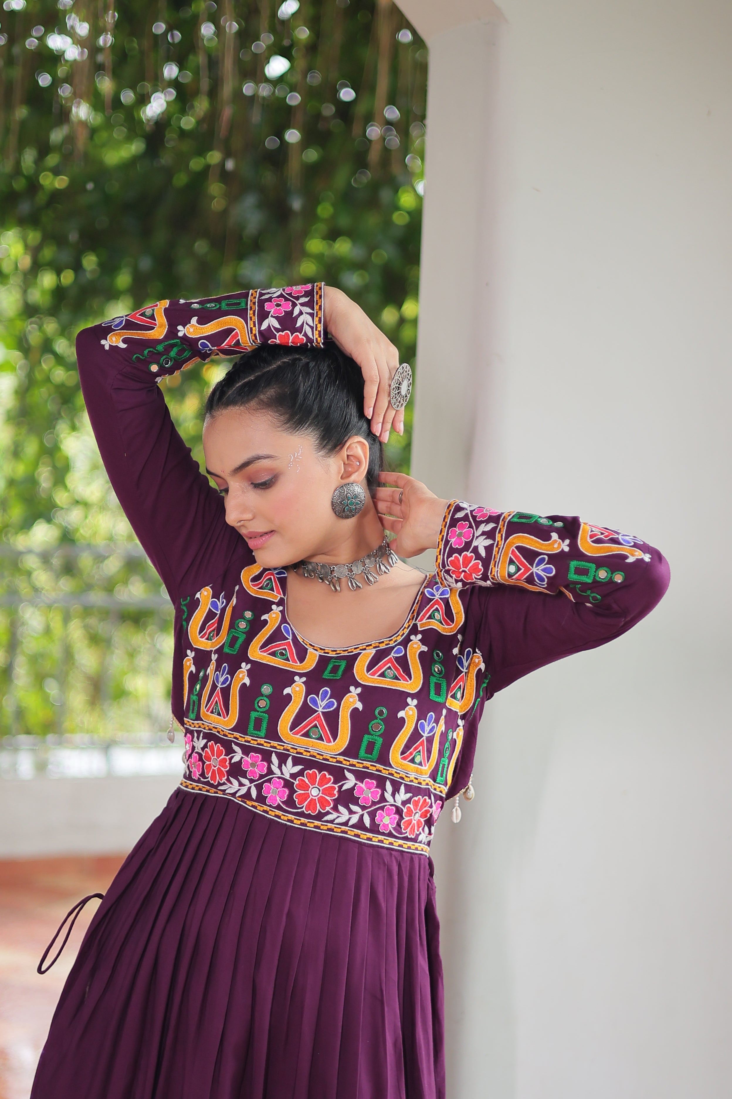 Kutchi Embroidered Anarkali Dress with Peacock & Floral Motifs