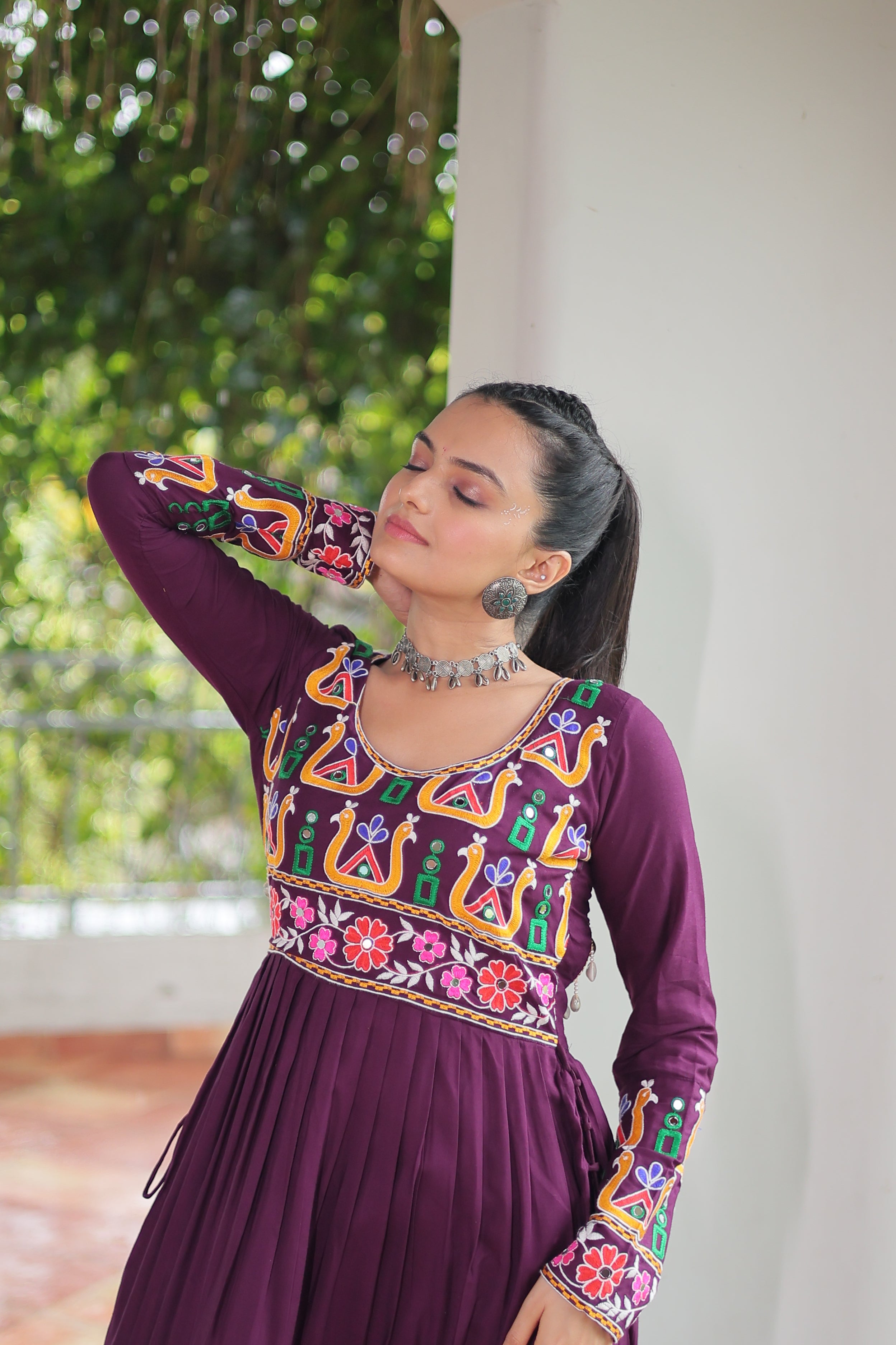 Kutchi Embroidered Anarkali Dress with Peacock & Floral Motifs