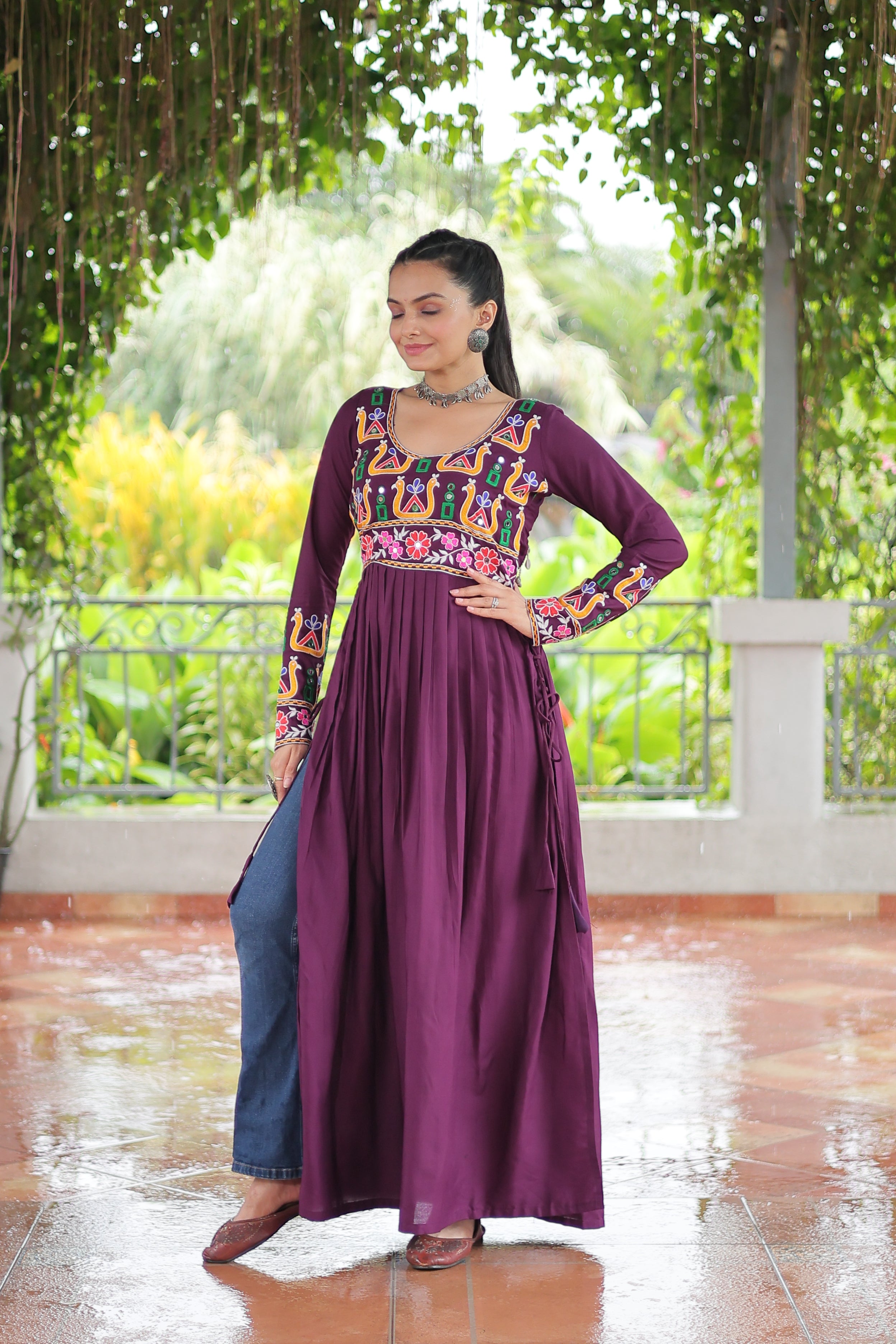 Kutchi Embroidered Anarkali Dress with Peacock & Floral Motifs