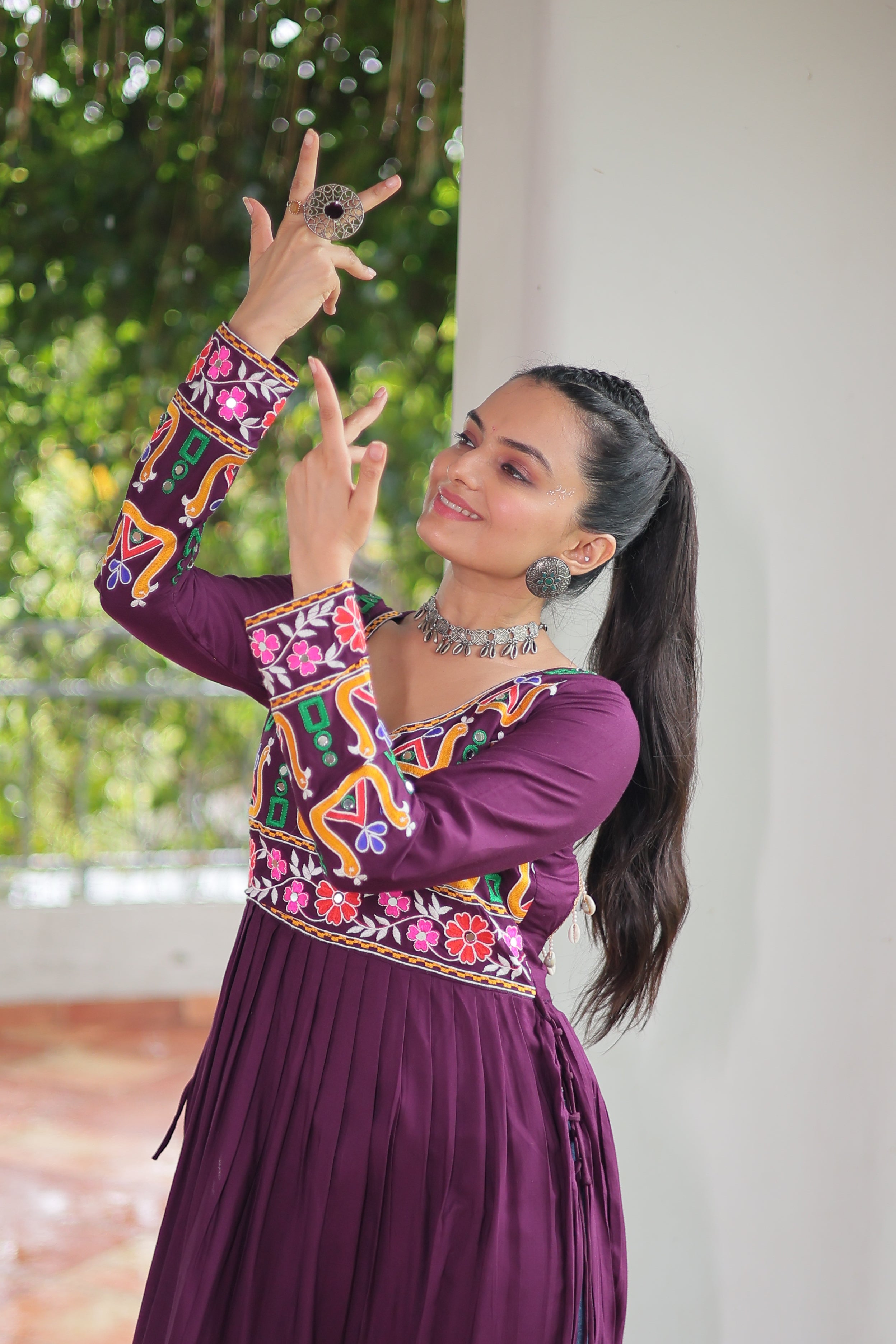 Kutchi Embroidered Anarkali Dress with Peacock & Floral Motifs
