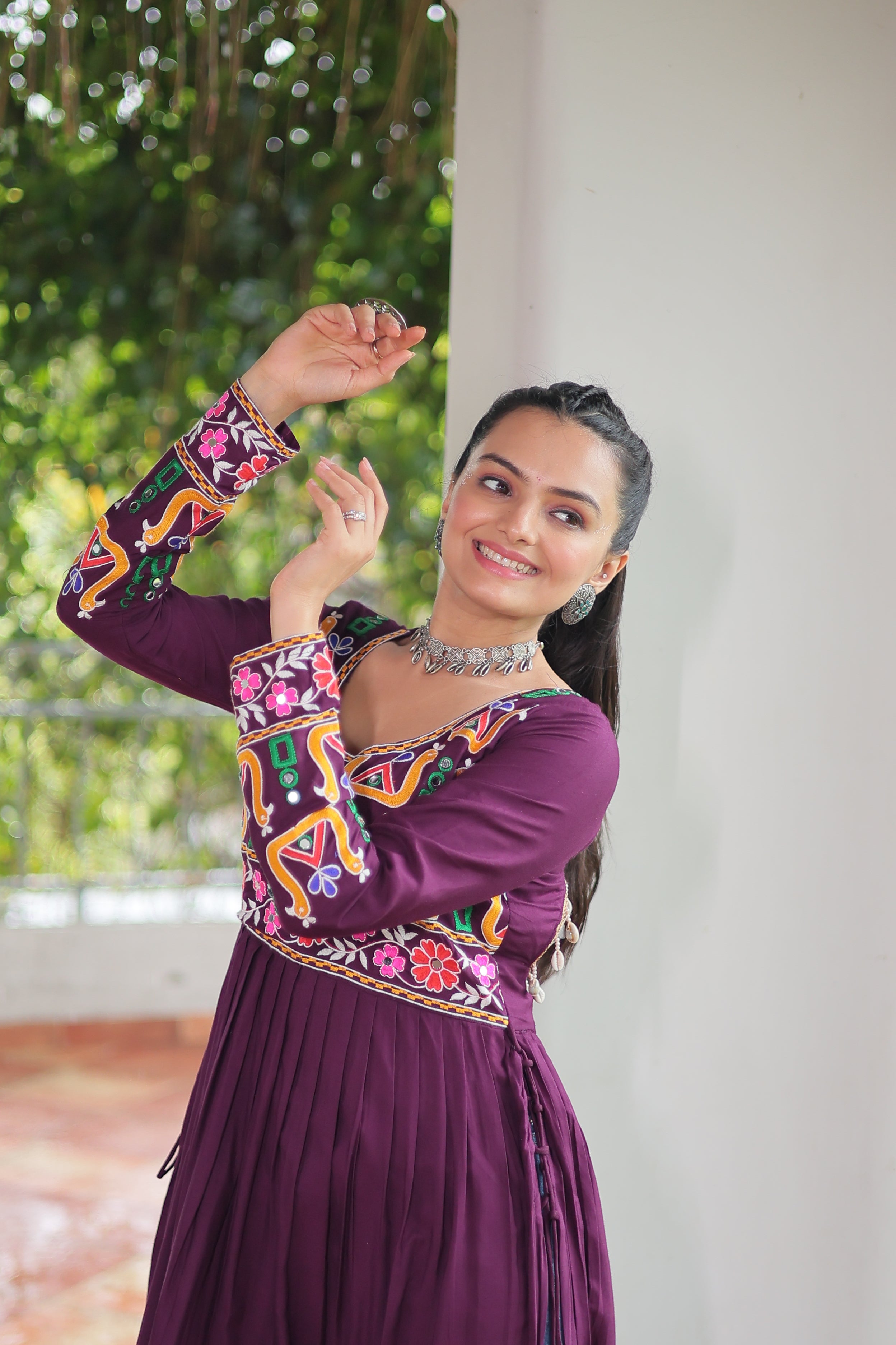 Kutchi Embroidered Anarkali Dress with Peacock & Floral Motifs