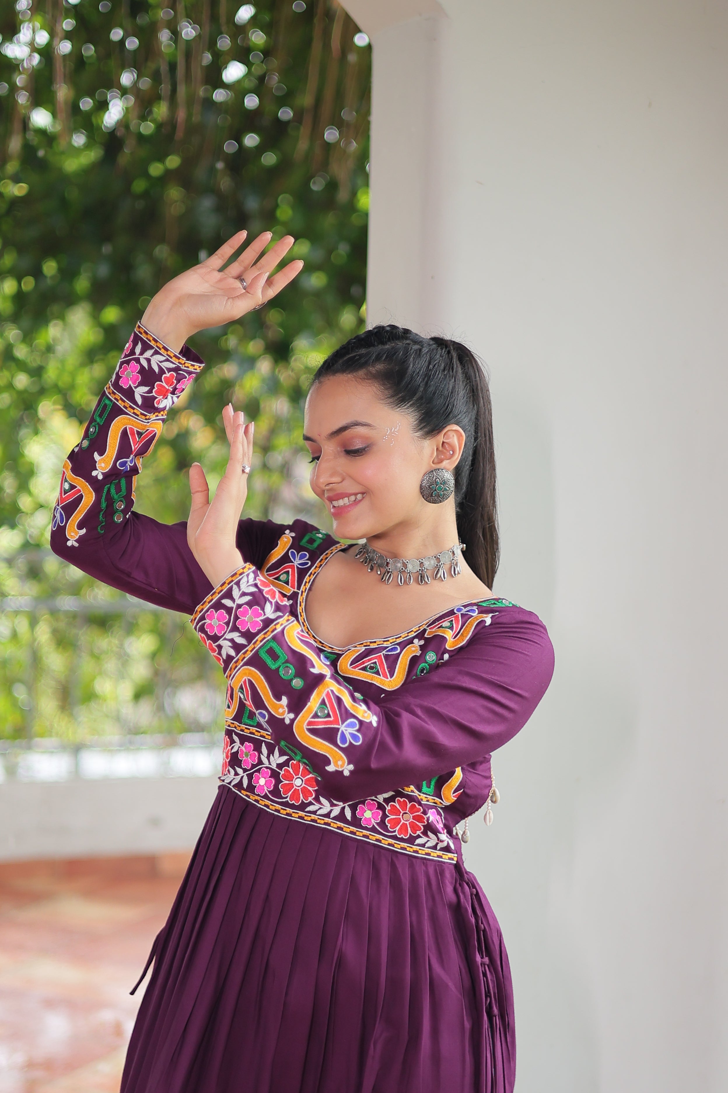 Kutchi Embroidered Anarkali Dress with Peacock & Floral Motifs
