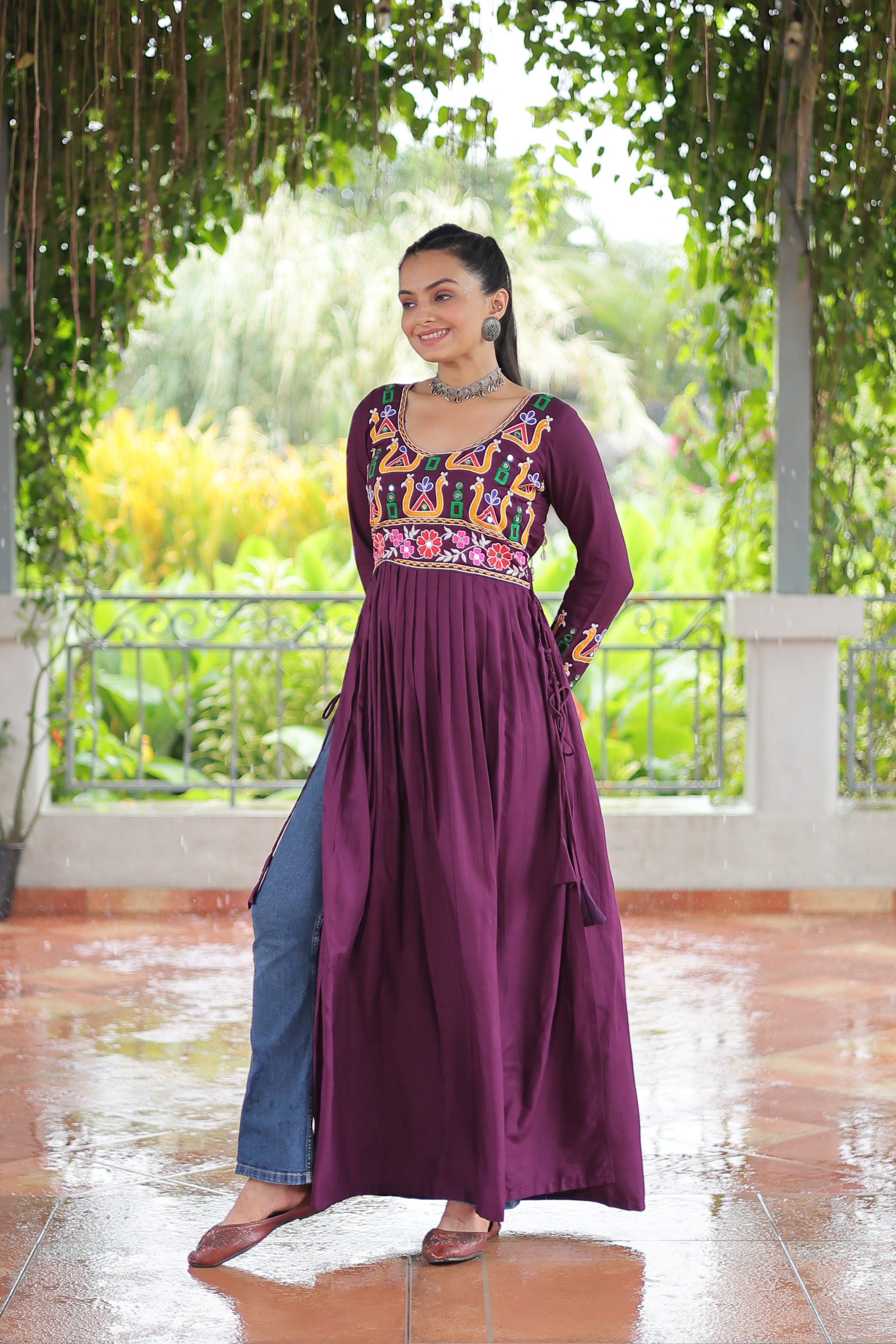 Kutchi Embroidered Anarkali Dress with Peacock & Floral Motifs