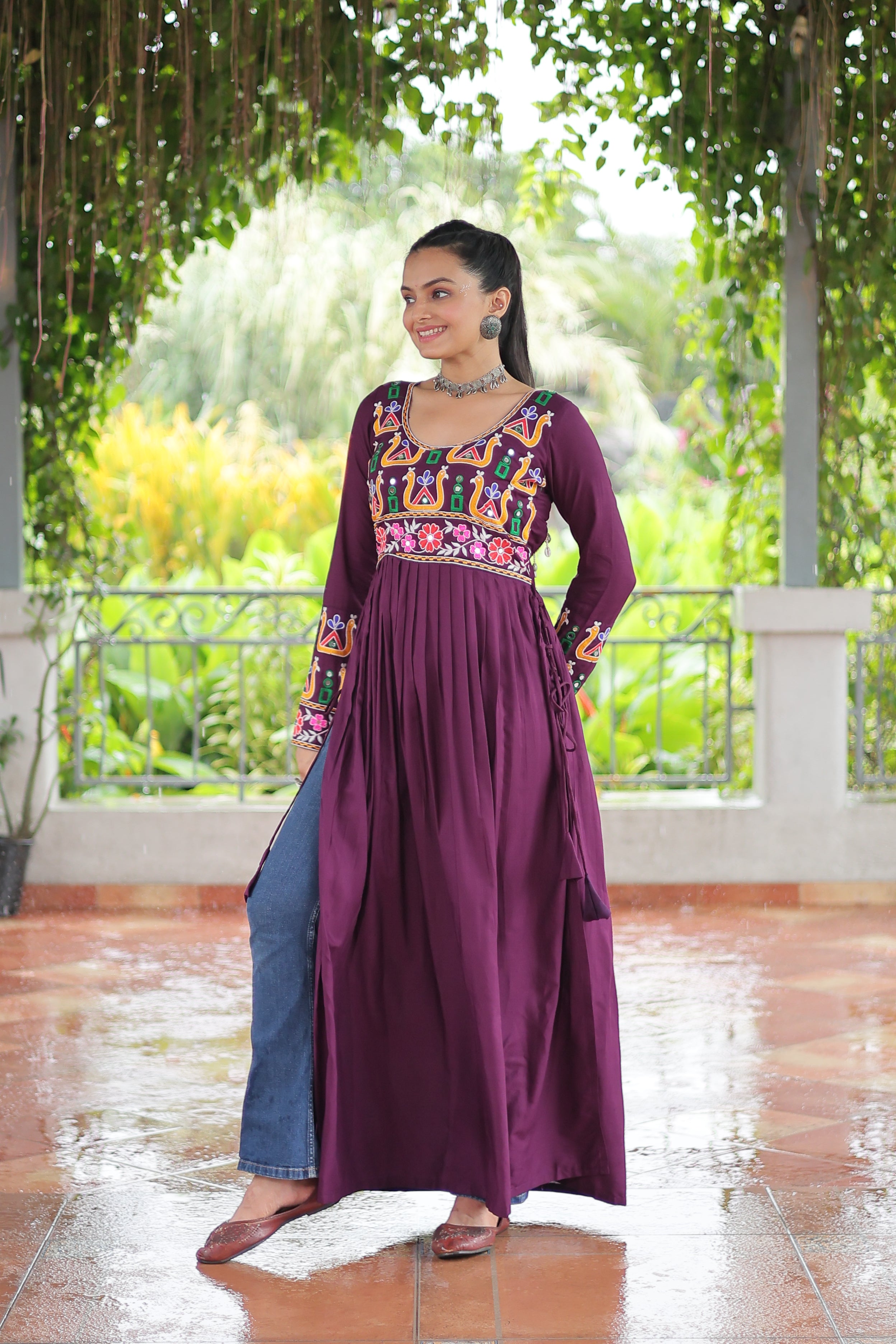 Kutchi Embroidered Anarkali Dress with Peacock & Floral Motifs