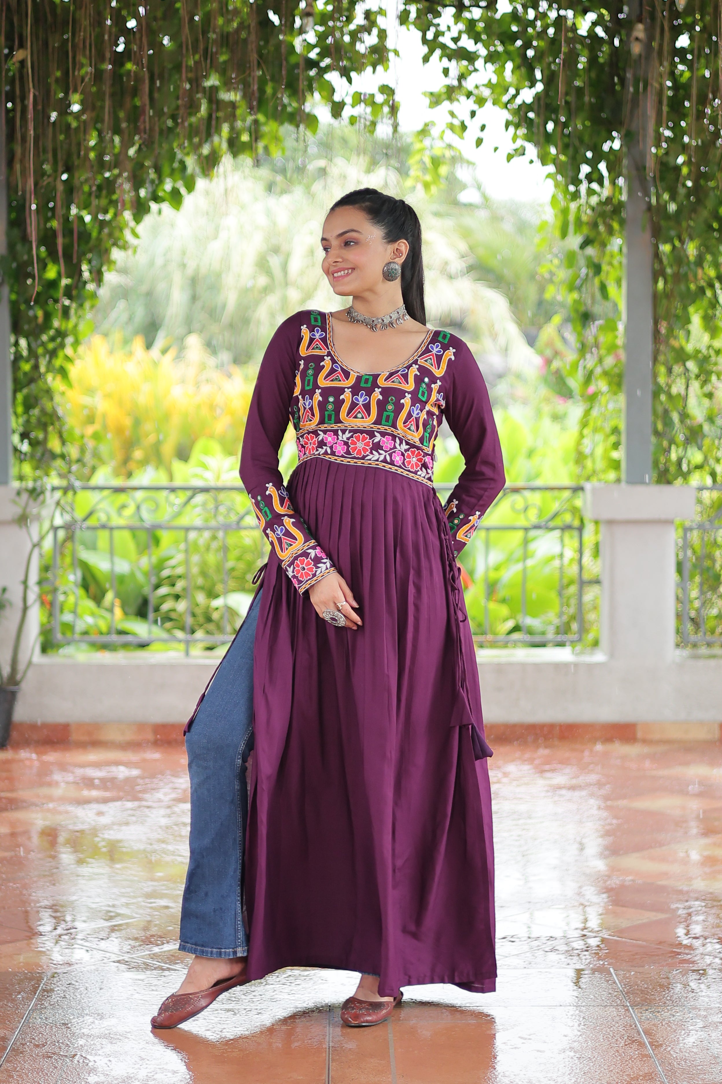 Kutchi Embroidered Anarkali Dress with Peacock & Floral Motifs