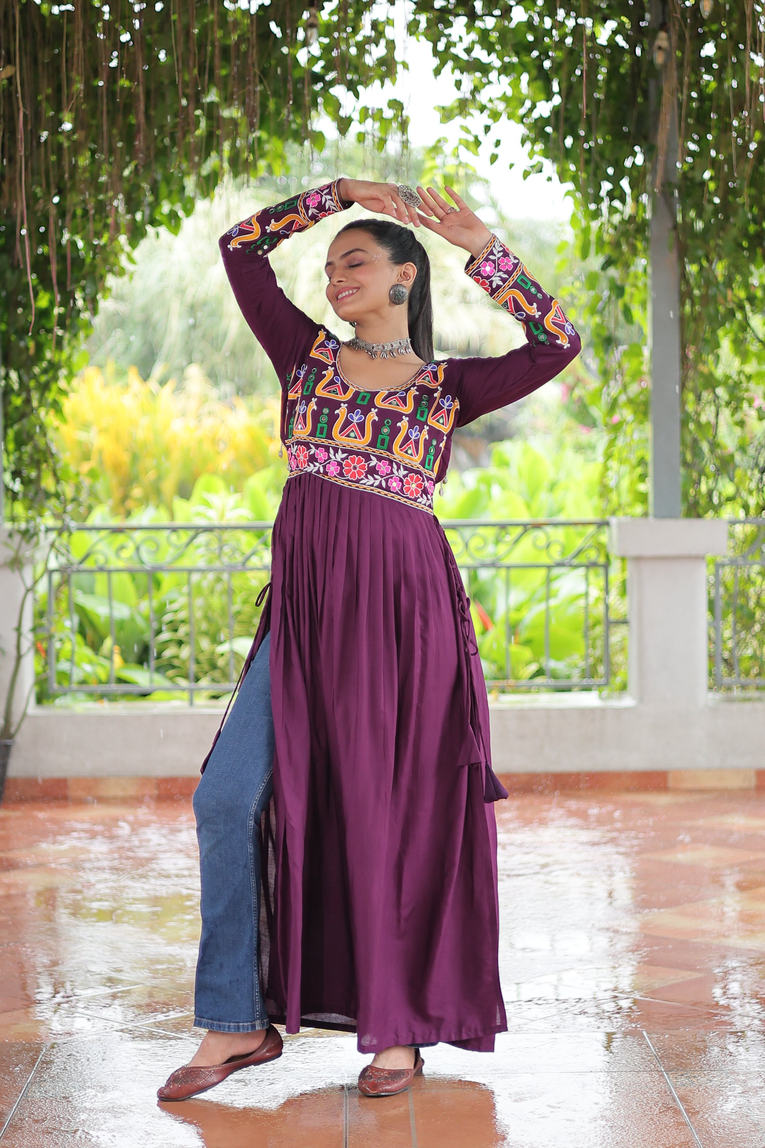 Kutchi Embroidered Anarkali Dress with Peacock & Floral Motifs