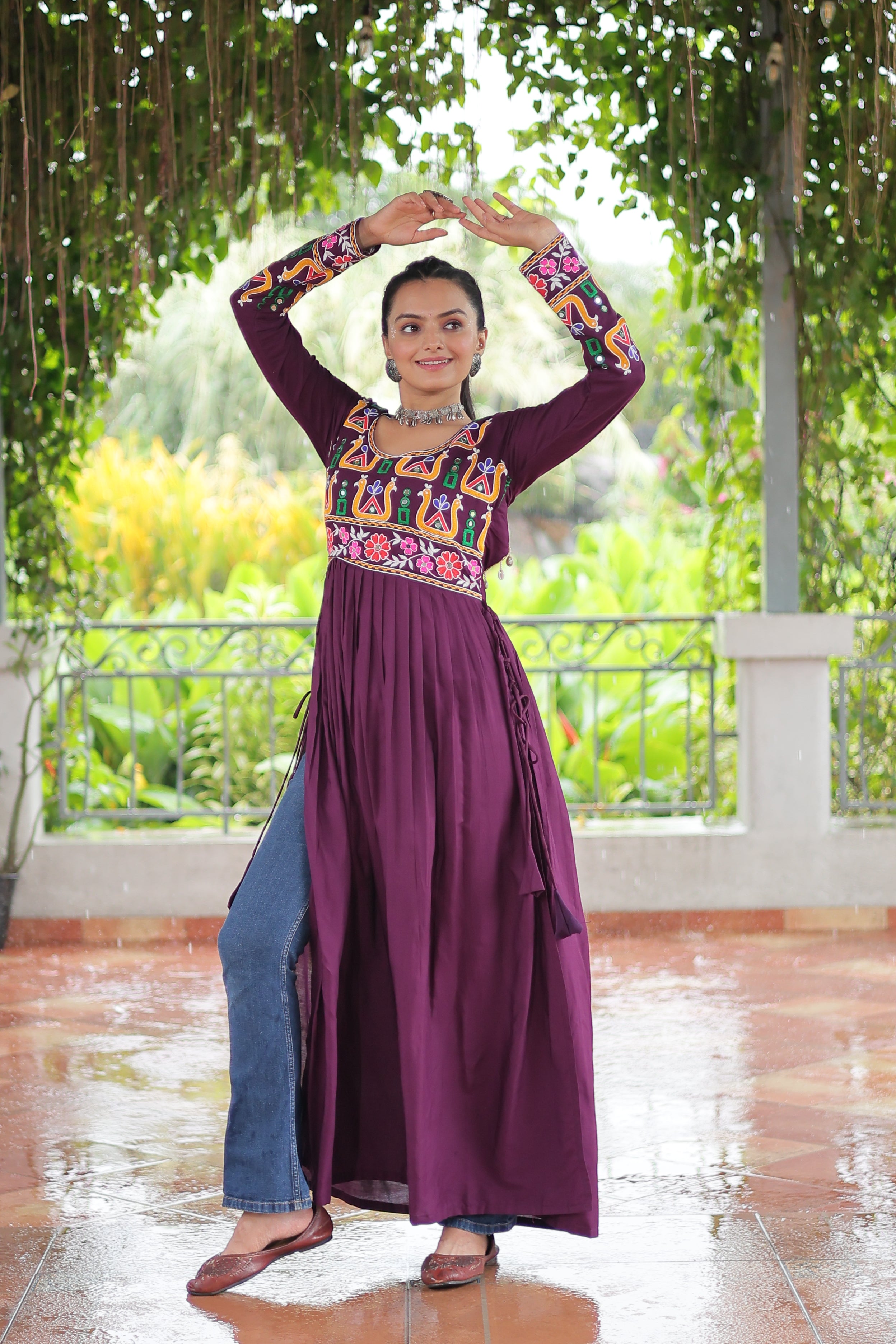 Kutchi Embroidered Anarkali Dress with Peacock & Floral Motifs