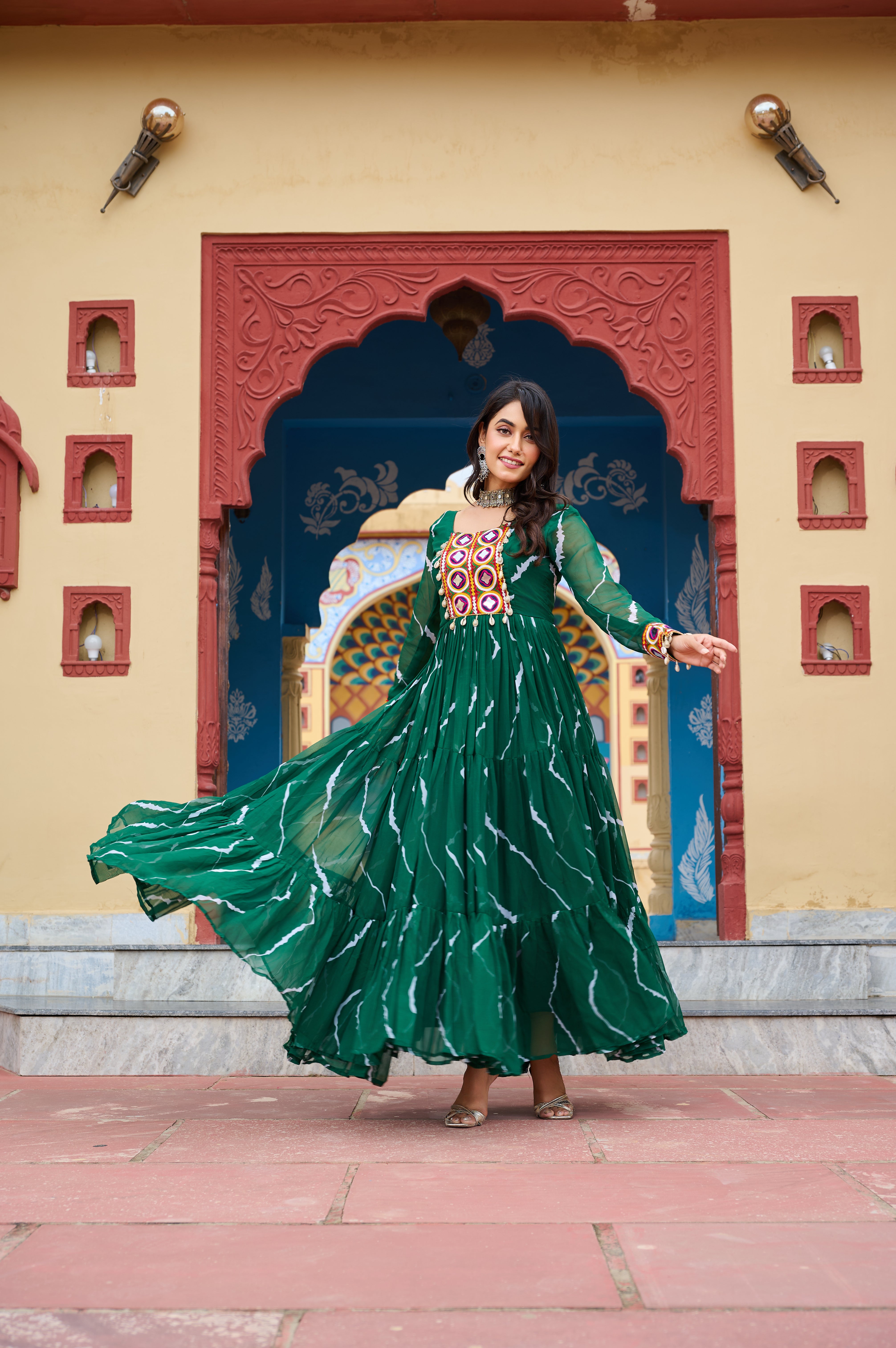 Flared Bandhani Anarkali Gown with Back Tie Detail and Embroidered Cuffs
