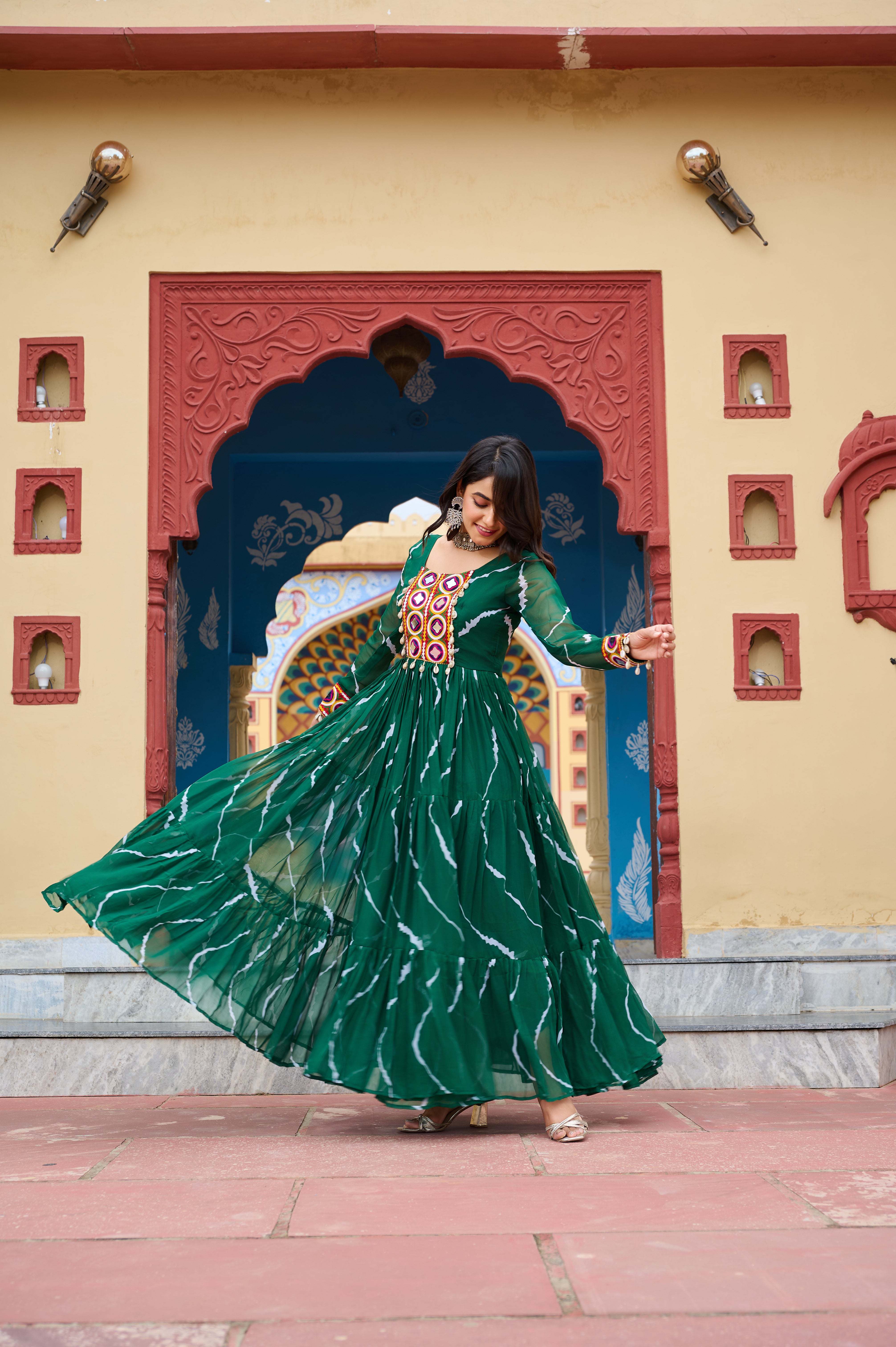 Flared Bandhani Anarkali Gown with Back Tie Detail and Embroidered Cuffs