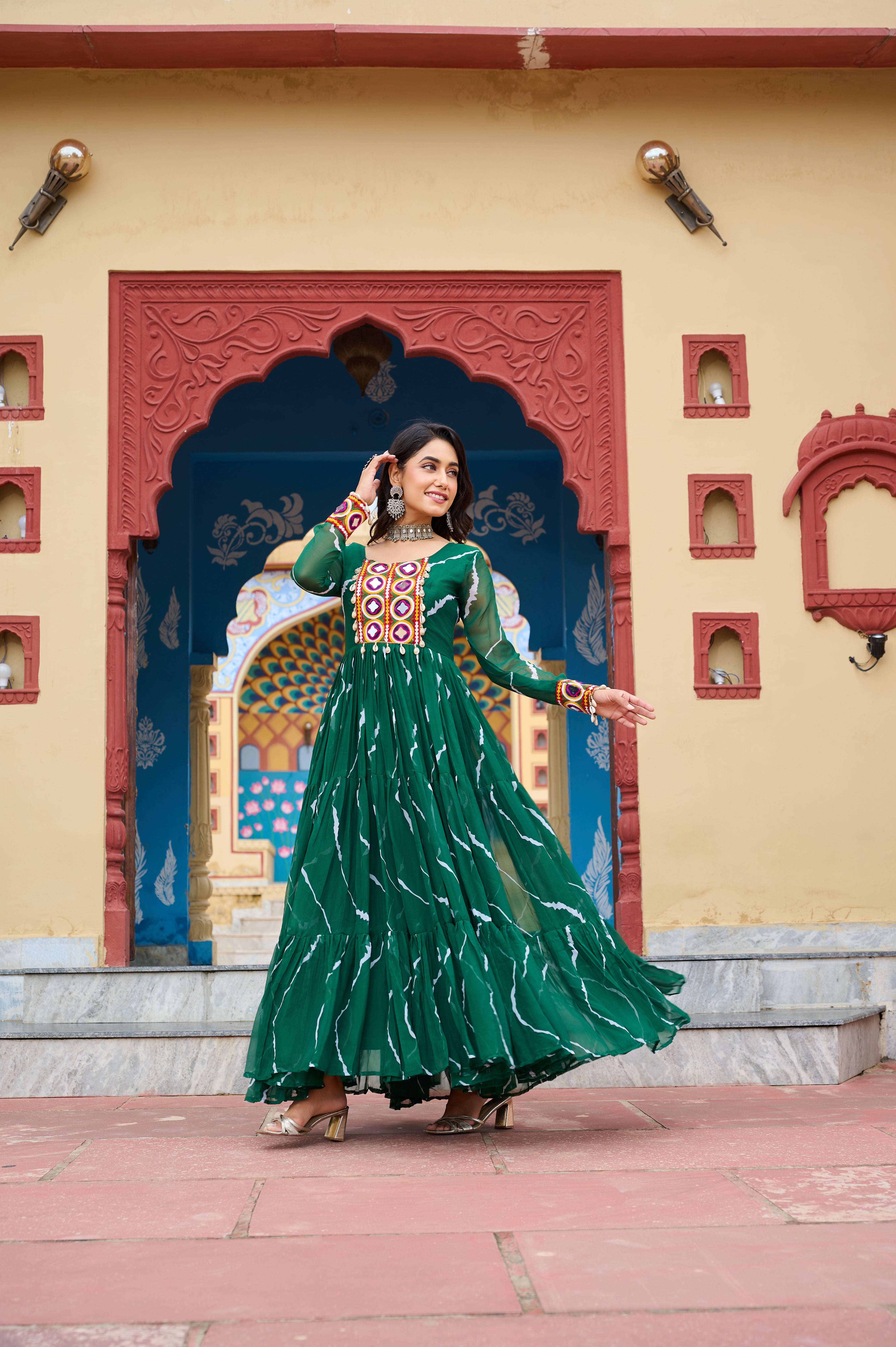 Flared Bandhani Anarkali Gown with Back Tie Detail and Embroidered Cuffs