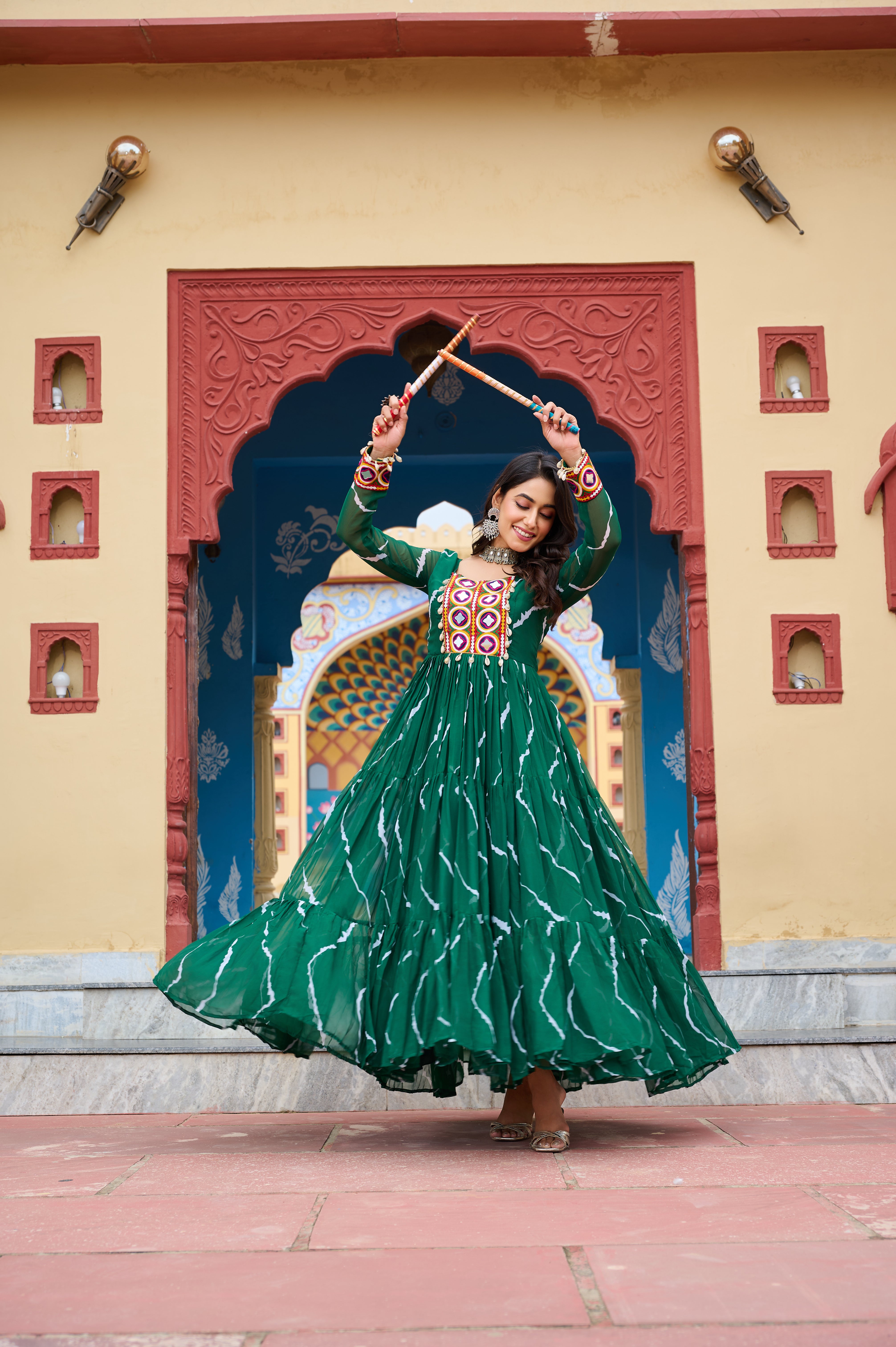 Flared Bandhani Anarkali Gown with Back Tie Detail and Embroidered Cuffs