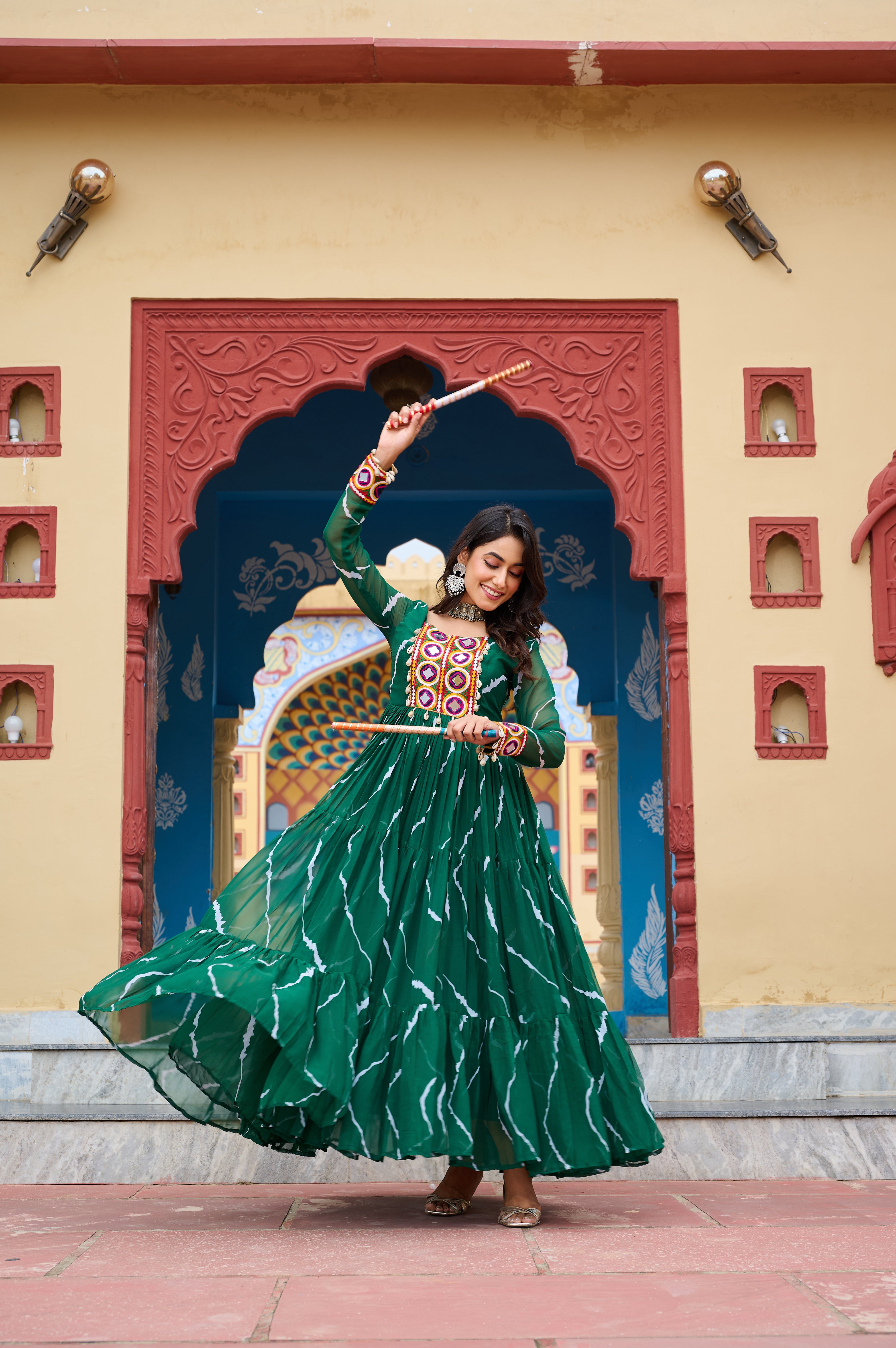 Flared Bandhani Anarkali Gown with Back Tie Detail and Embroidered Cuffs