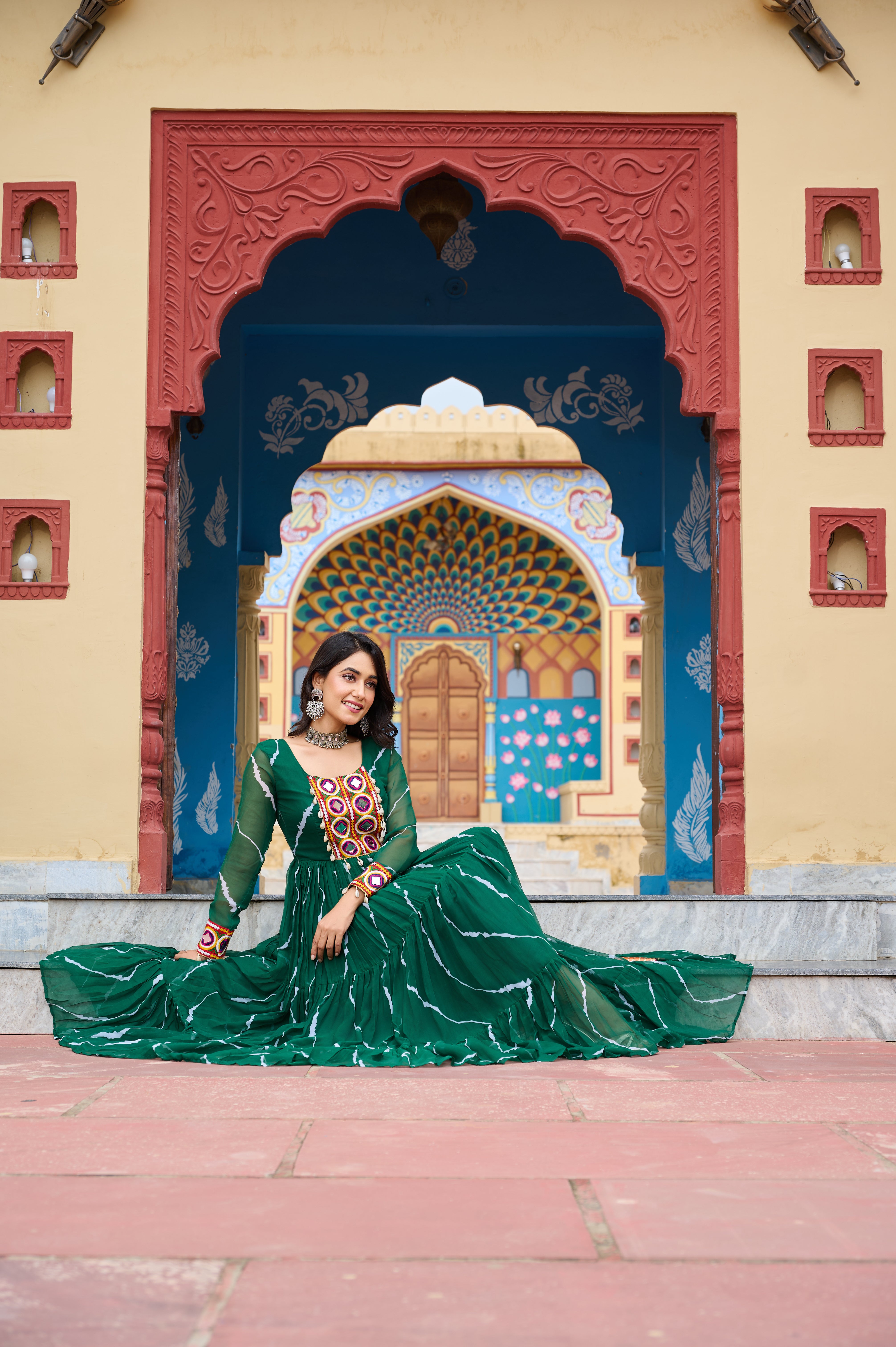 Flared Bandhani Anarkali Gown with Back Tie Detail and Embroidered Cuffs