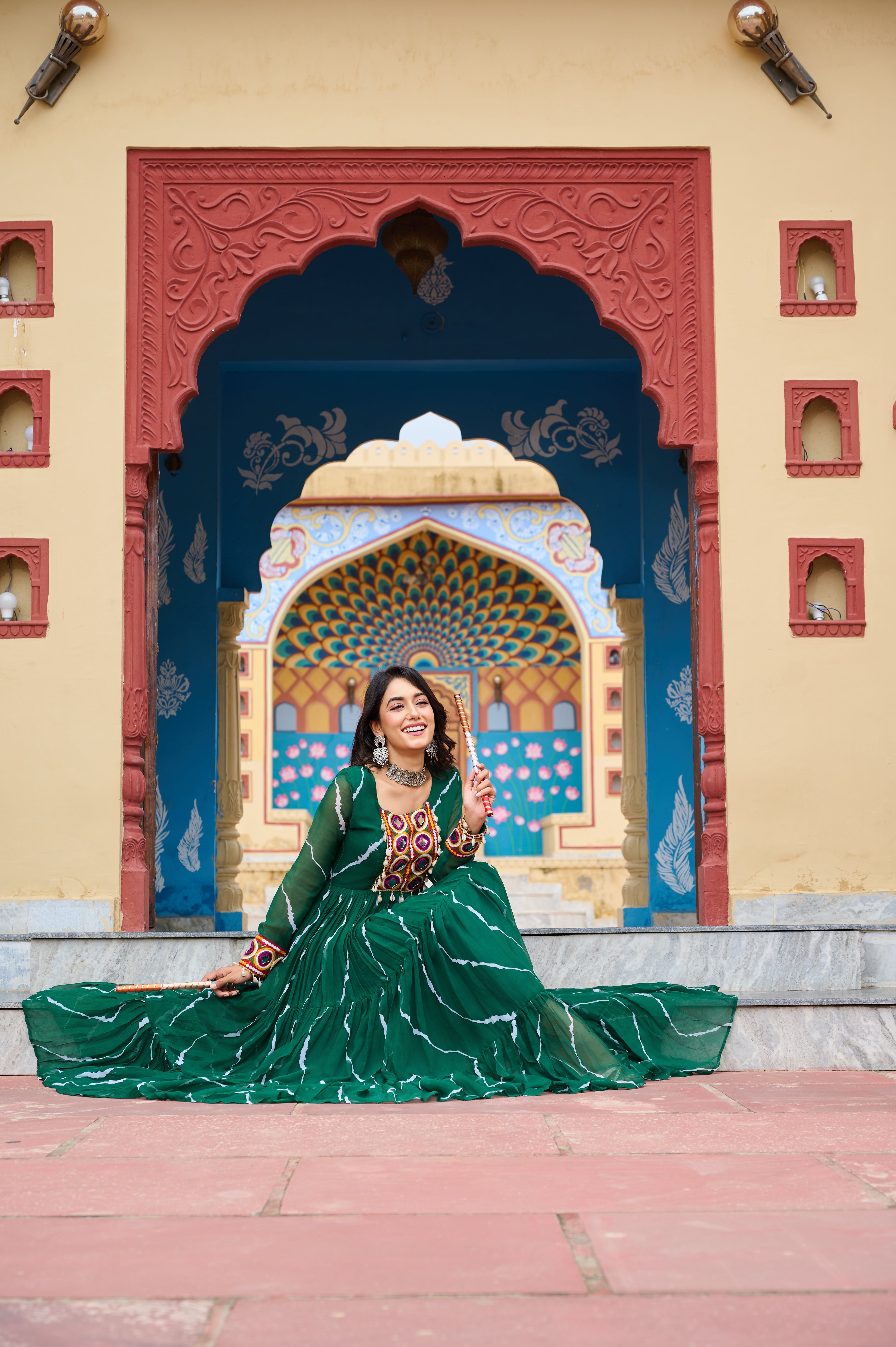 Flared Bandhani Anarkali Gown with Back Tie Detail and Embroidered Cuffs