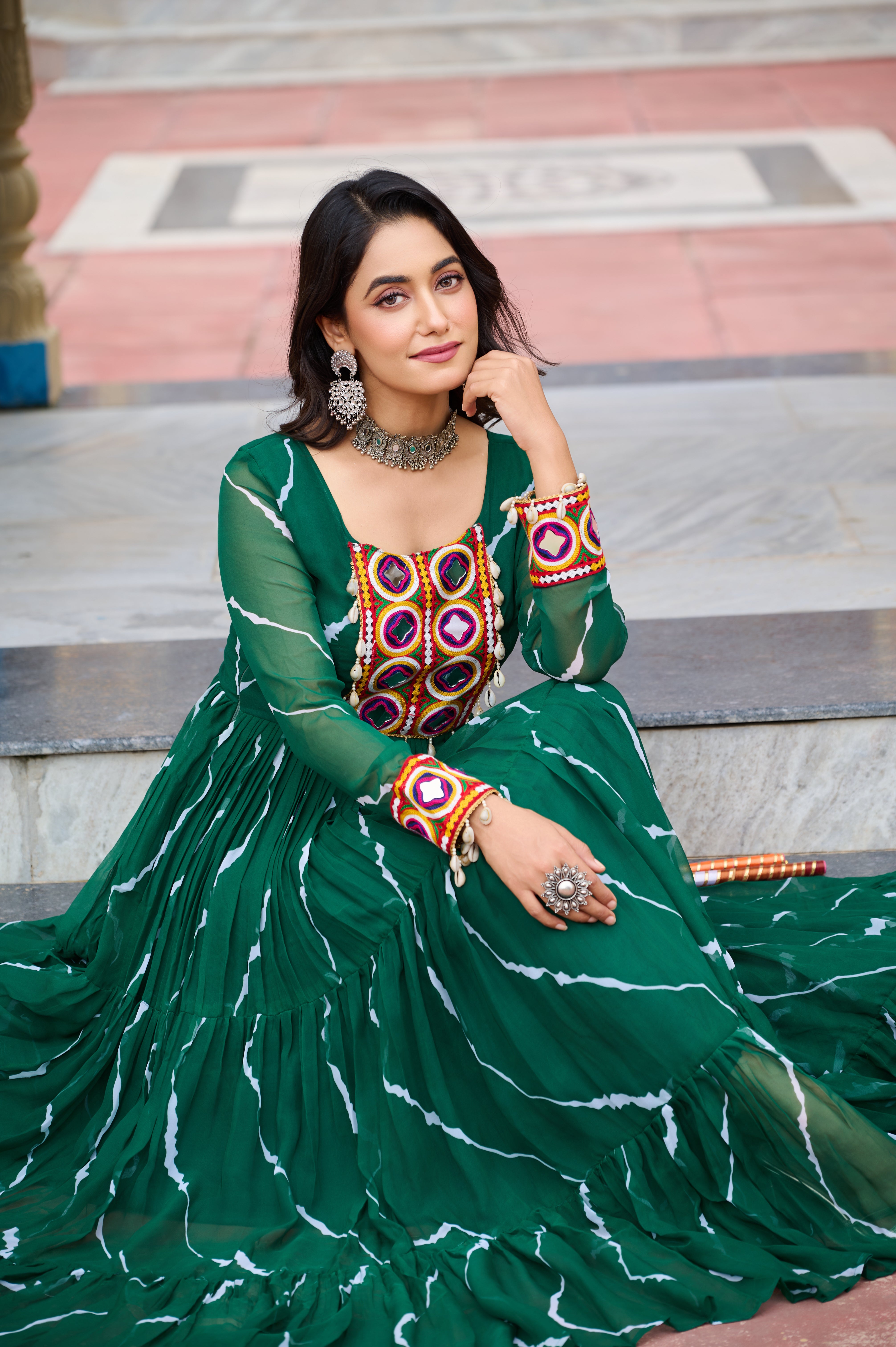 Flared Bandhani Anarkali Gown with Back Tie Detail and Embroidered Cuffs