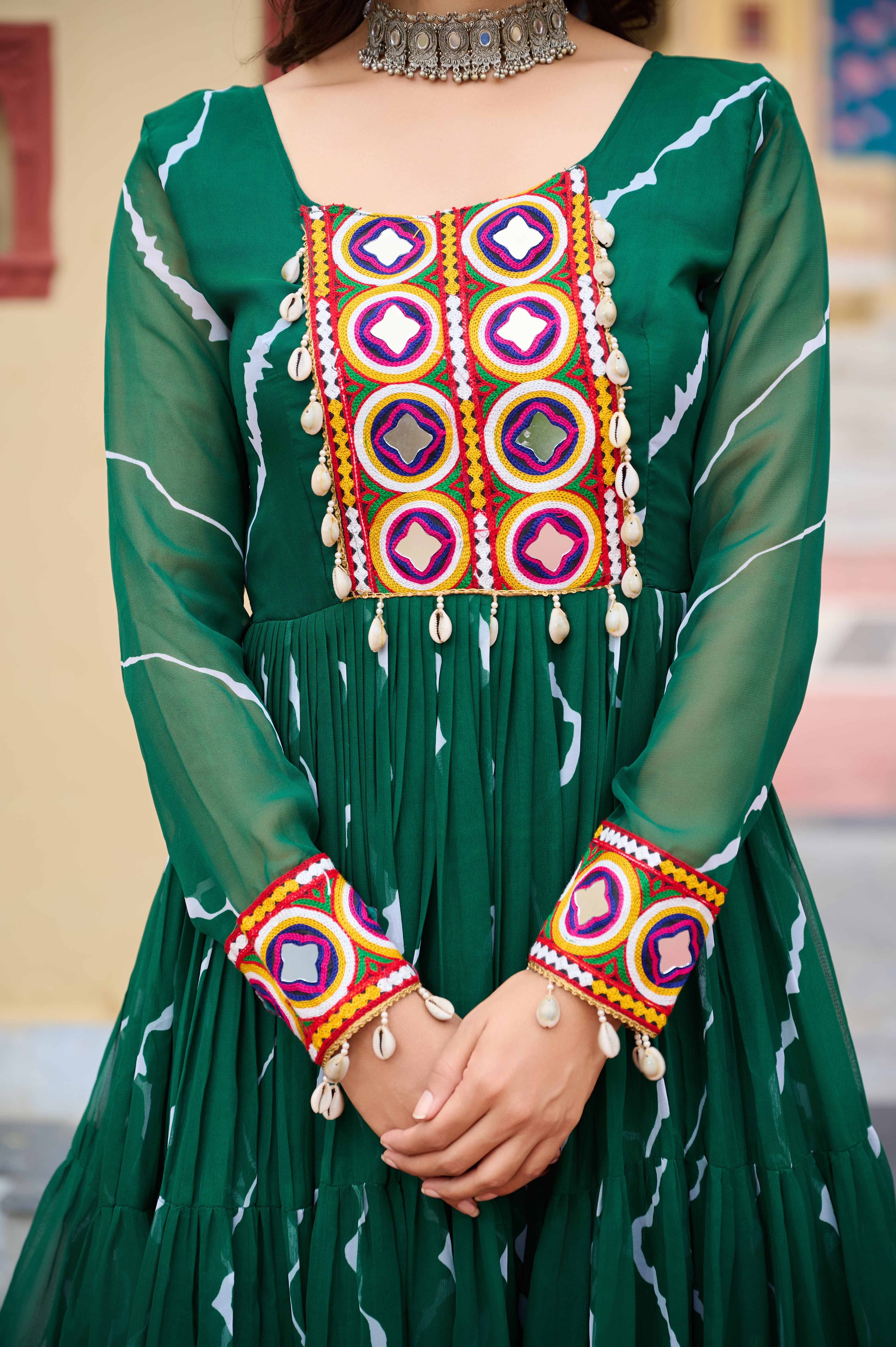 Flared Bandhani Anarkali Gown with Back Tie Detail and Embroidered Cuffs