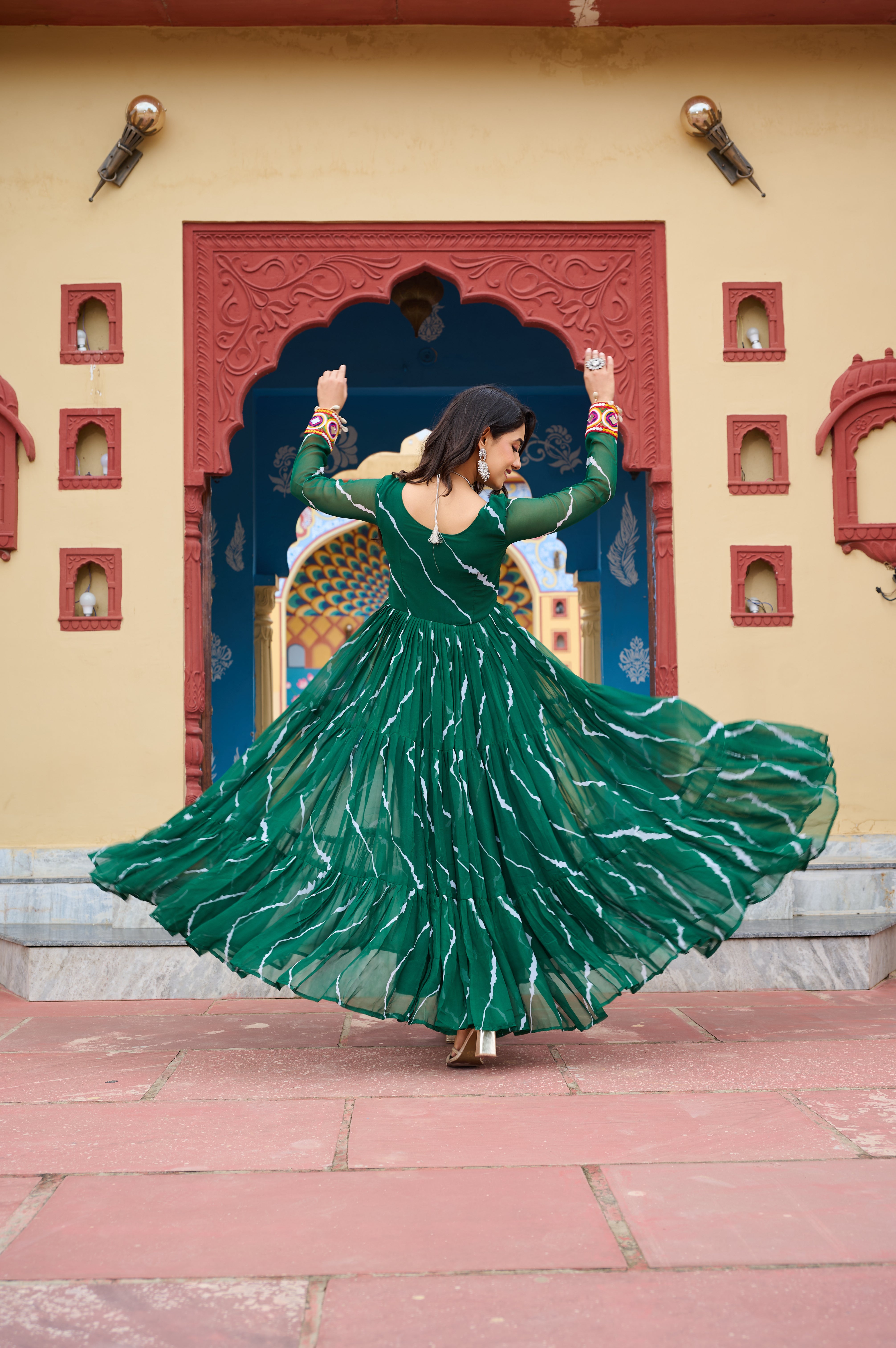 Flared Bandhani Anarkali Gown with Back Tie Detail and Embroidered Cuffs