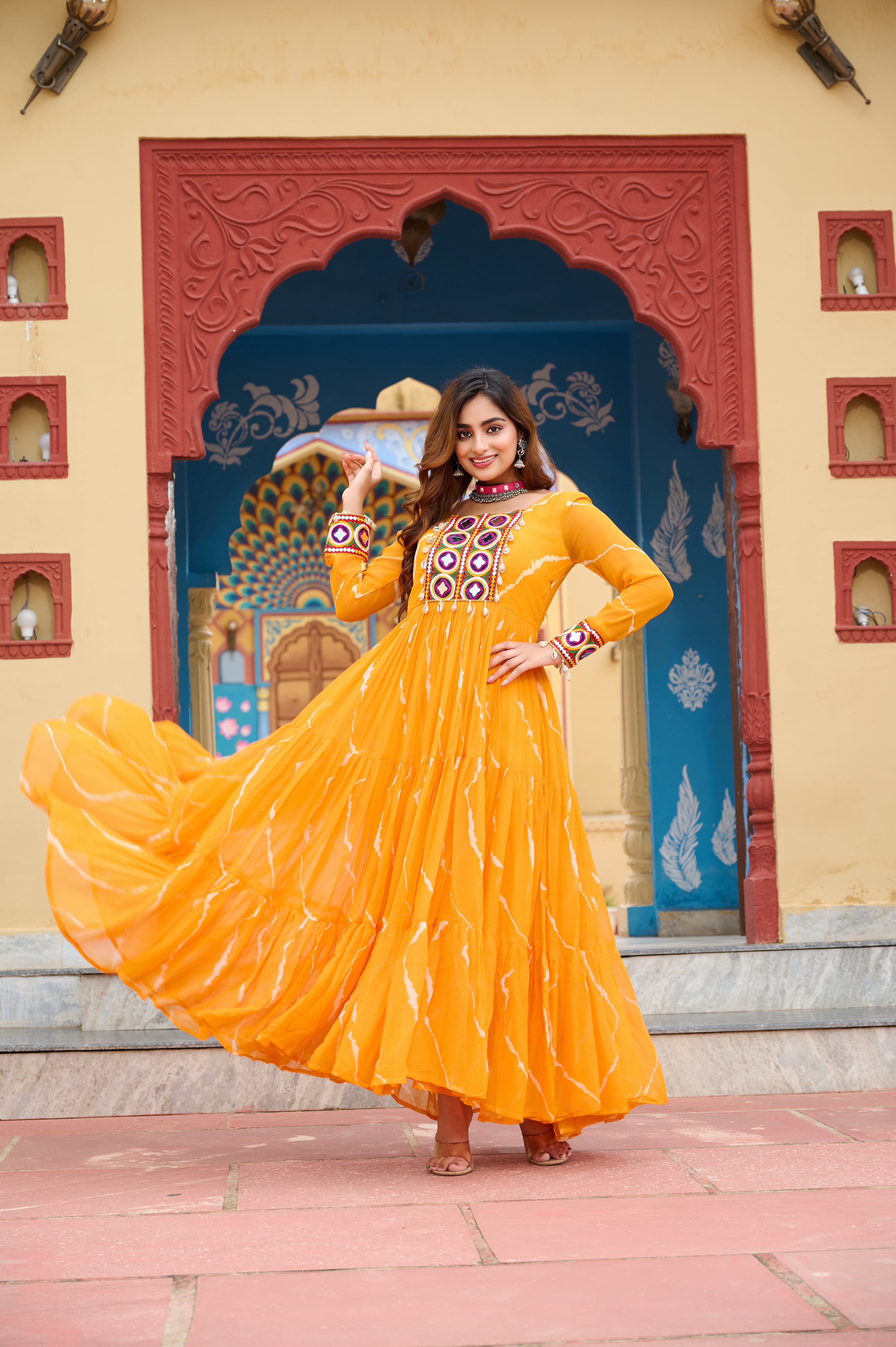Flared Bandhani Anarkali Gown with Back Tie Detail and Embroidered Cuffs
