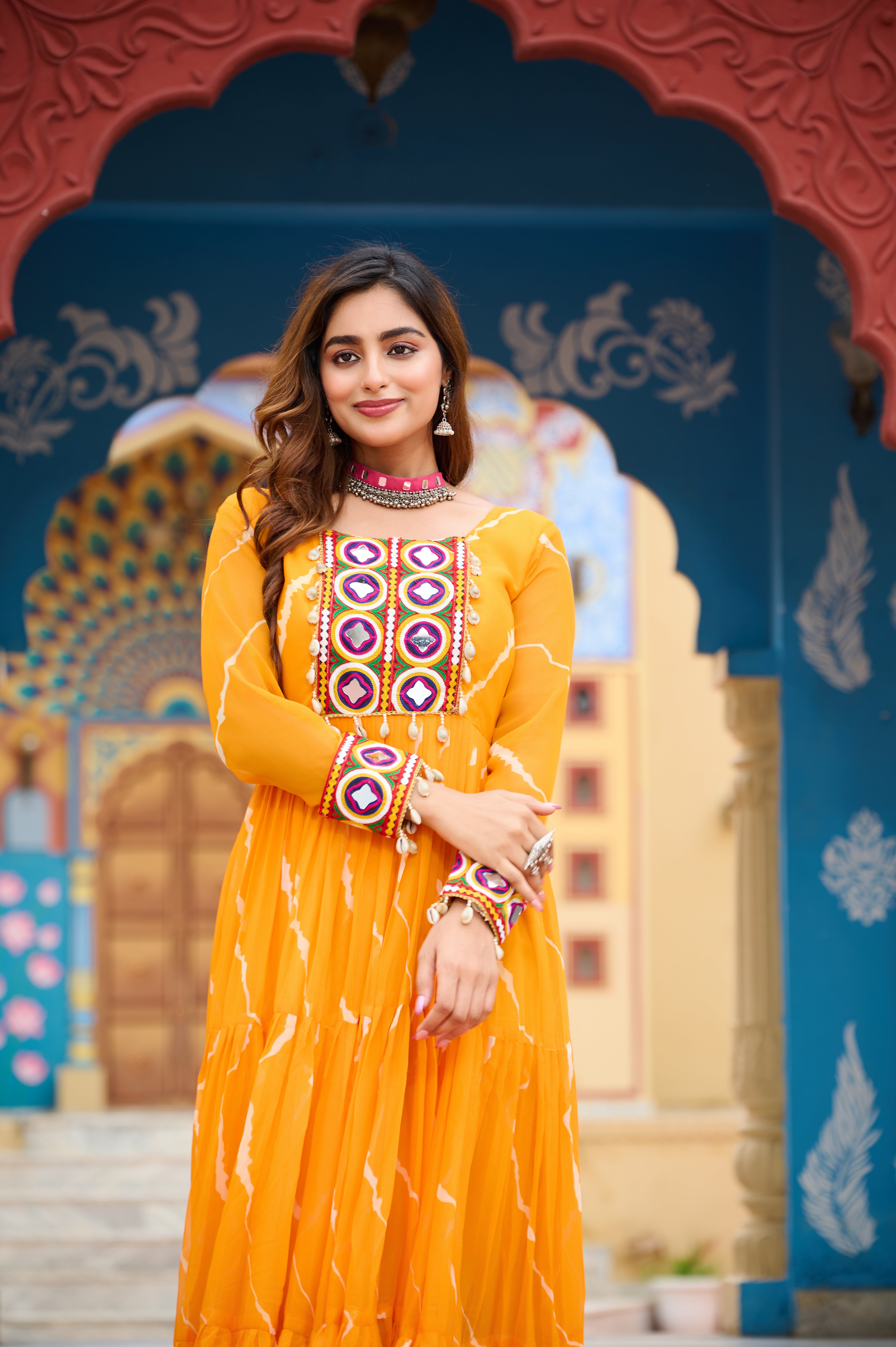 Flared Bandhani Anarkali Gown with Back Tie Detail and Embroidered Cuffs
