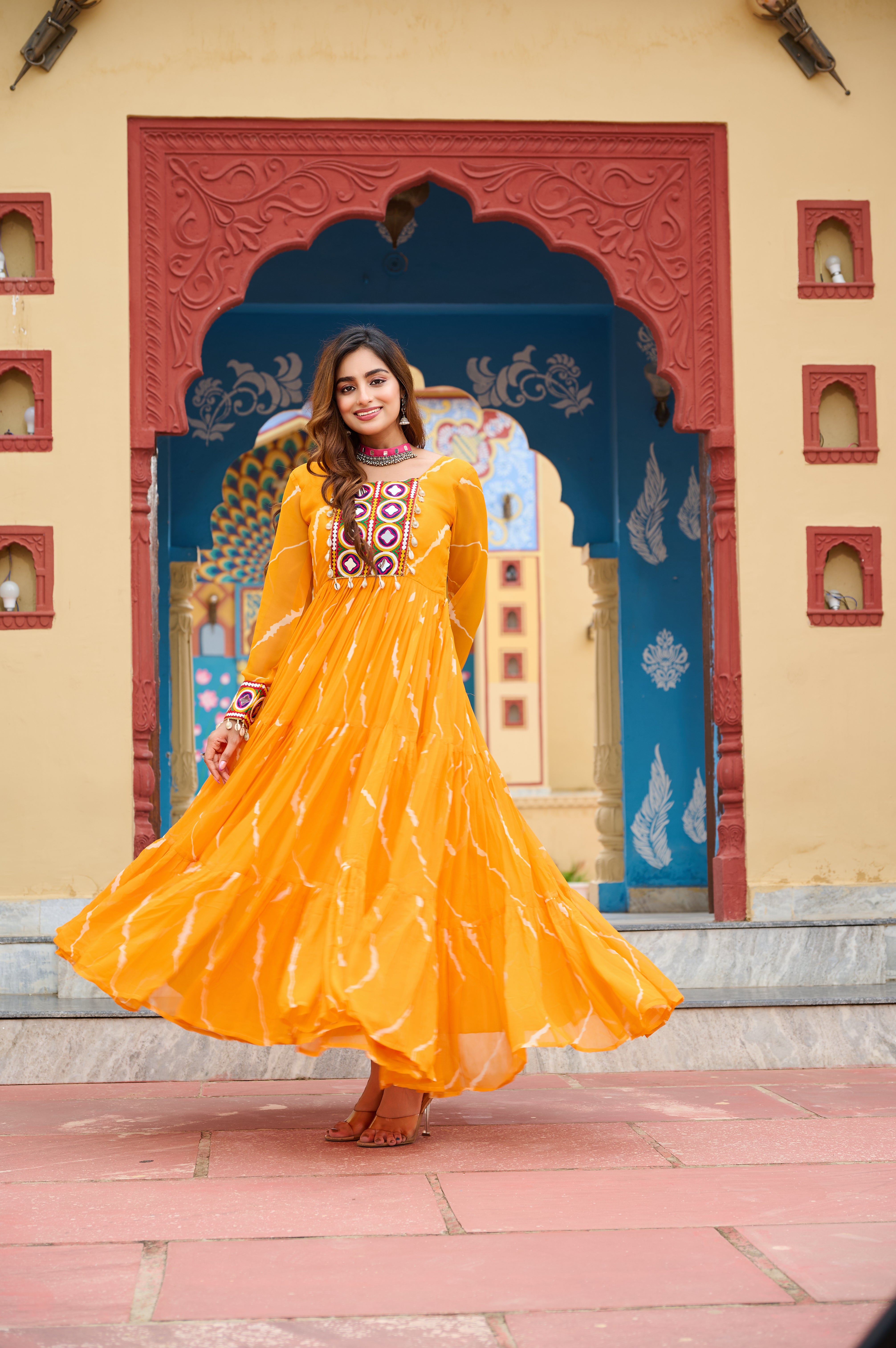 Flared Bandhani Anarkali Gown with Back Tie Detail and Embroidered Cuffs