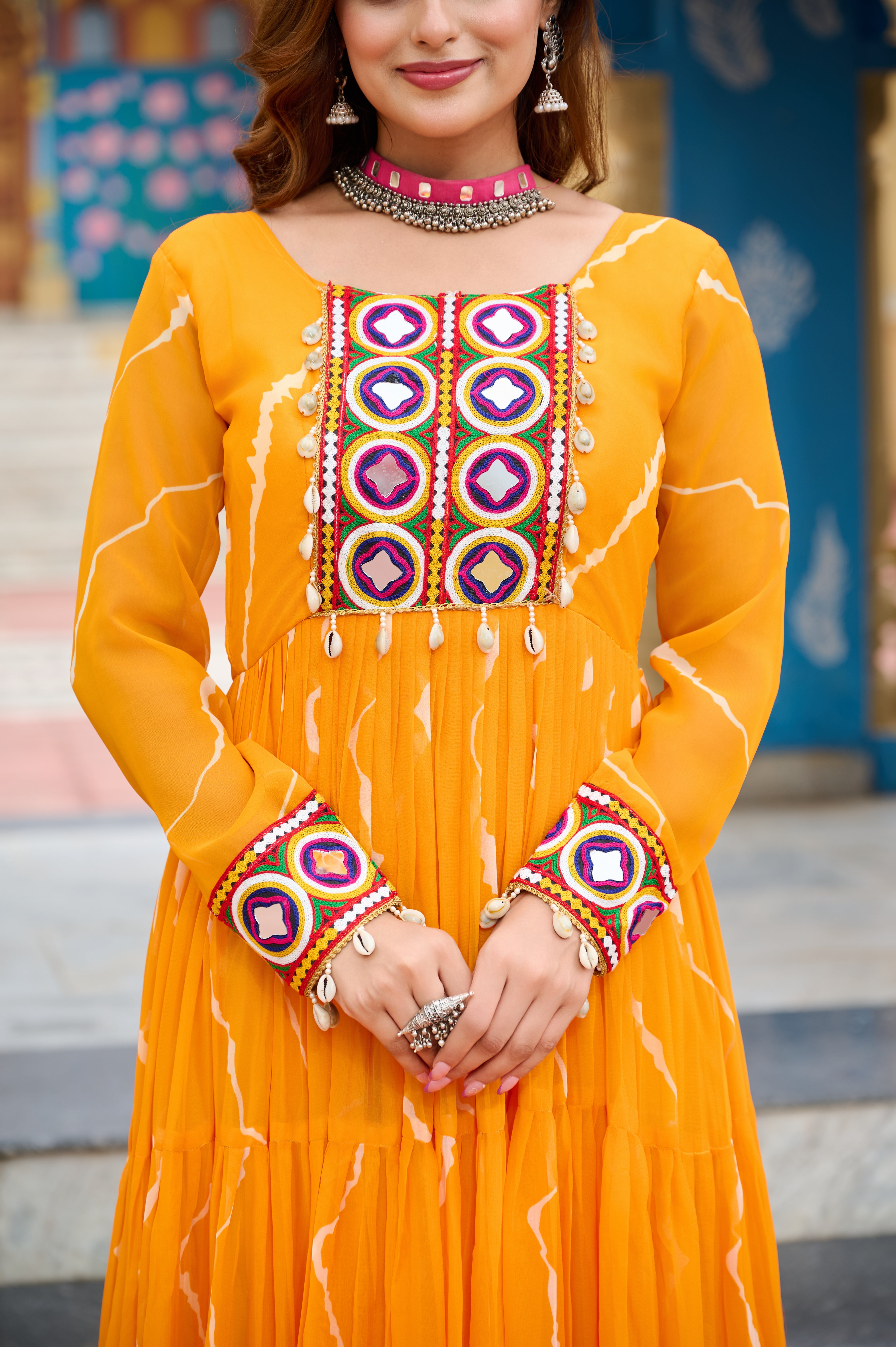 Flared Bandhani Anarkali Gown with Back Tie Detail and Embroidered Cuffs