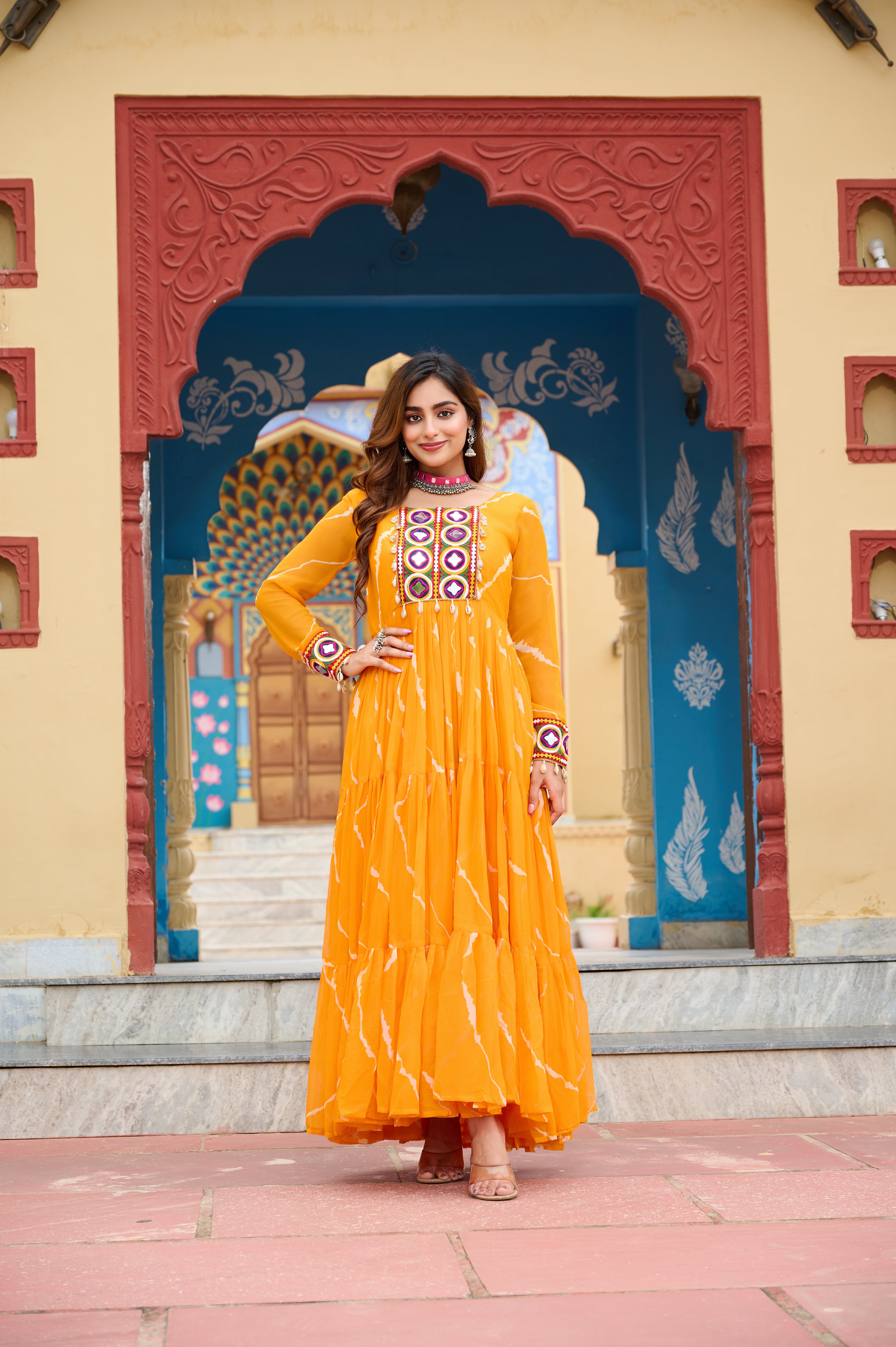 Flared Bandhani Anarkali Gown with Back Tie Detail and Embroidered Cuffs