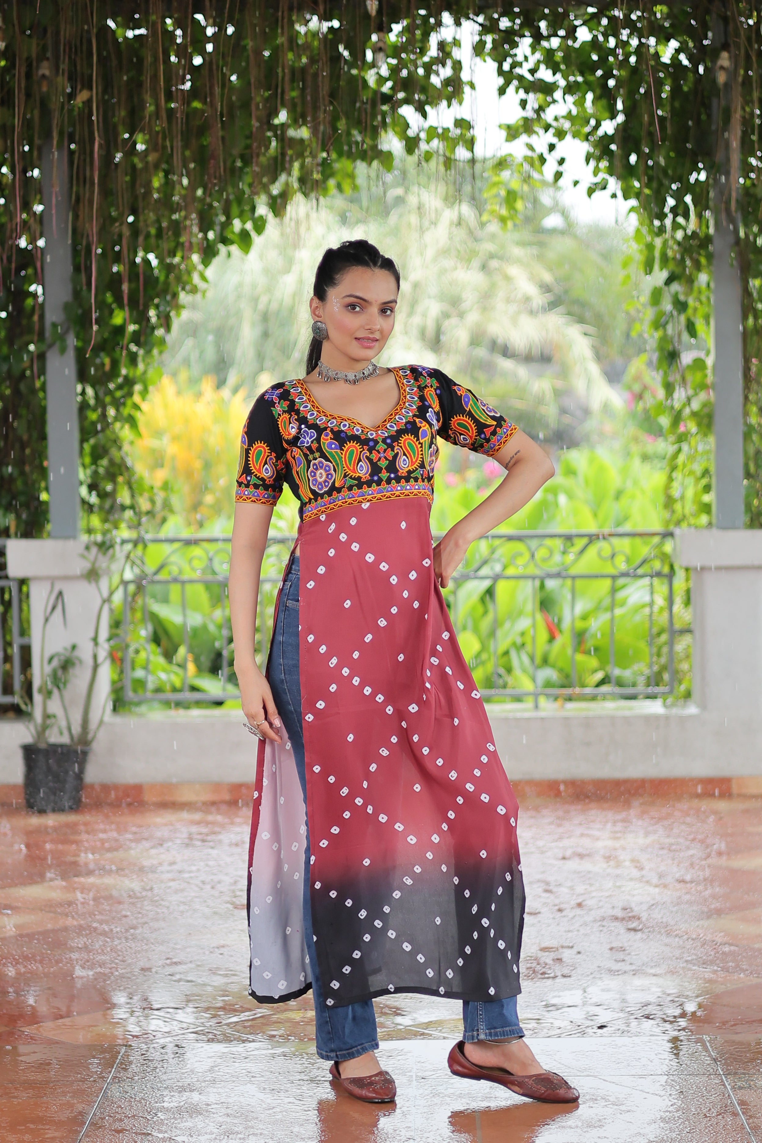 Bandhani Printed Kutchi Embroidered Short Kurti