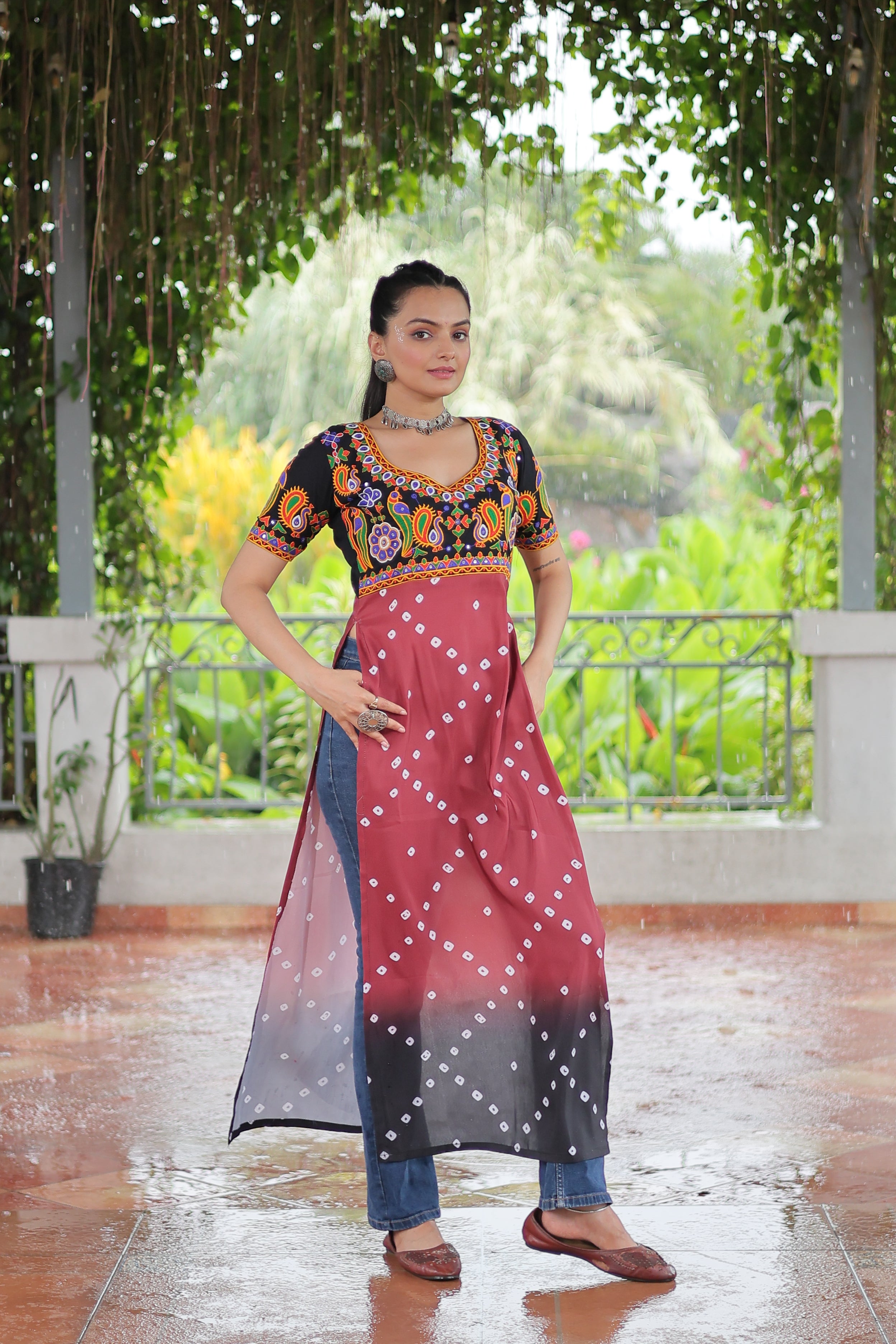 Bandhani Printed Kutchi Embroidered Short Kurti