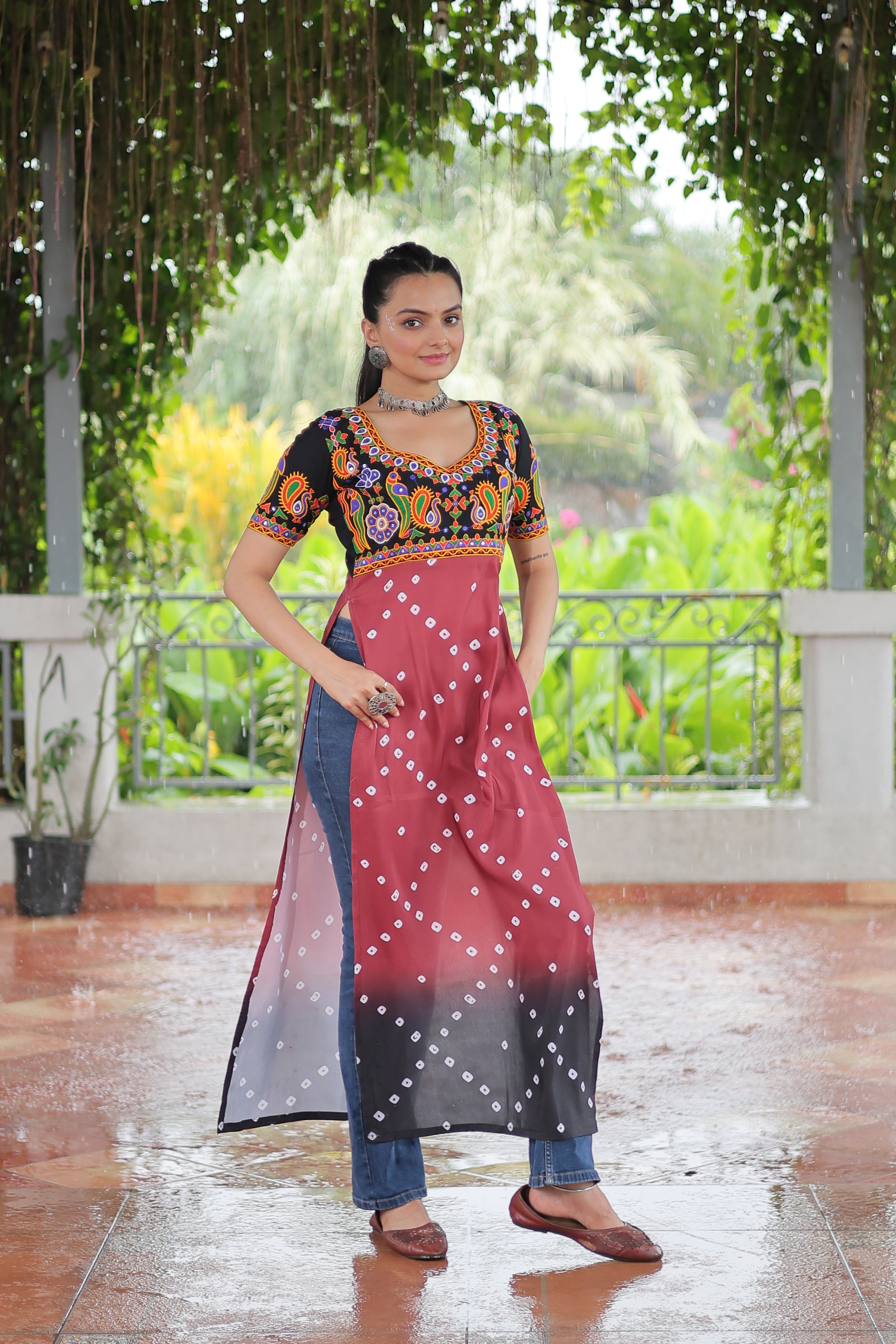 Bandhani Printed Kutchi Embroidered Short Kurti