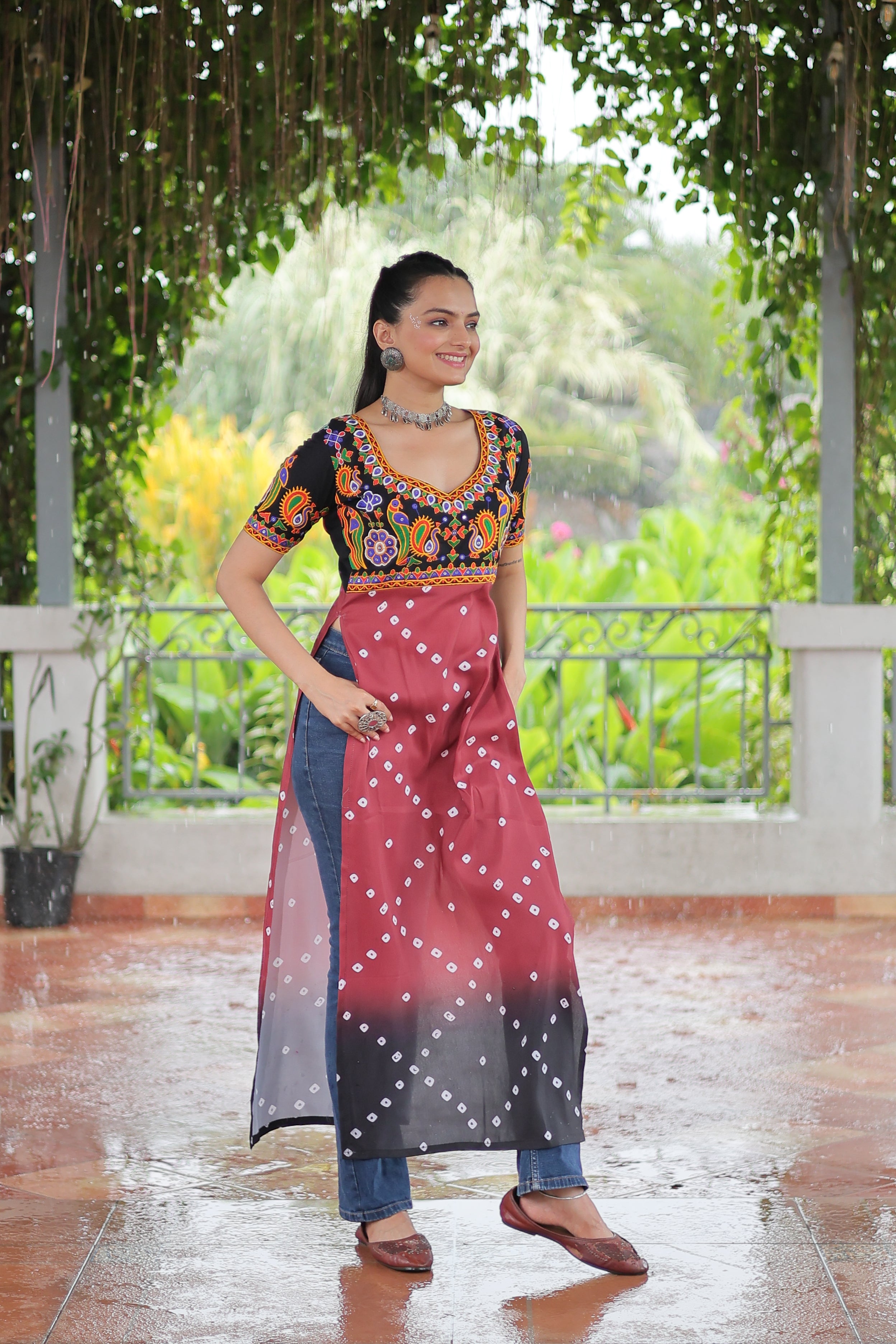 Bandhani Printed Kutchi Embroidered Short Kurti