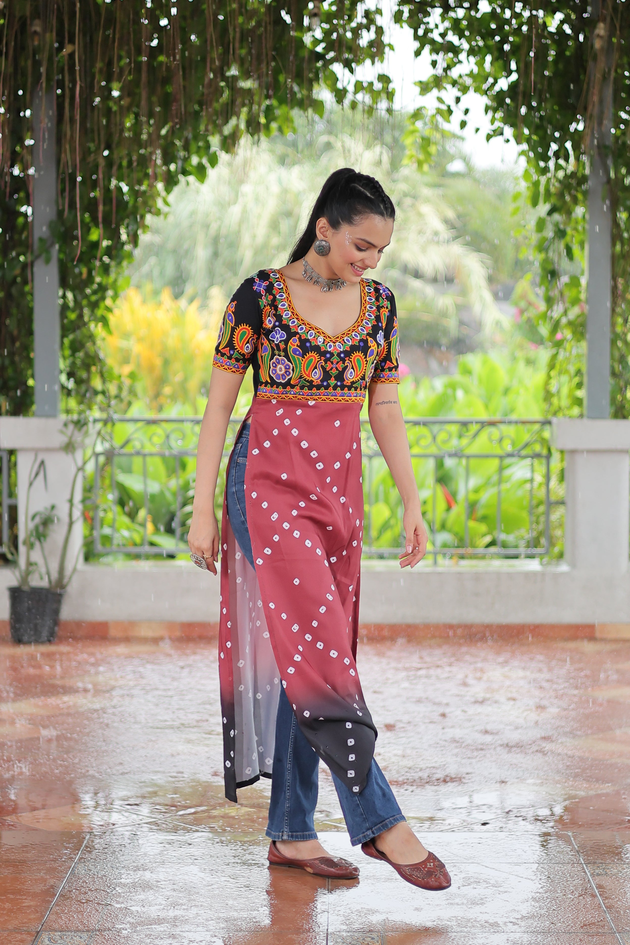 Bandhani Printed Kutchi Embroidered Short Kurti