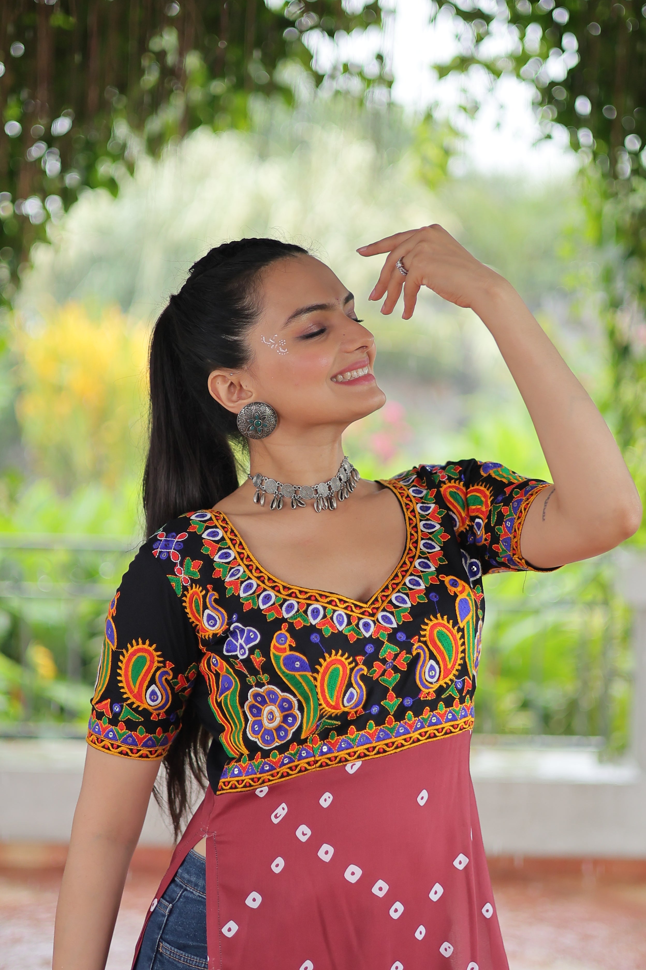 Bandhani Printed Kutchi Embroidered Short Kurti