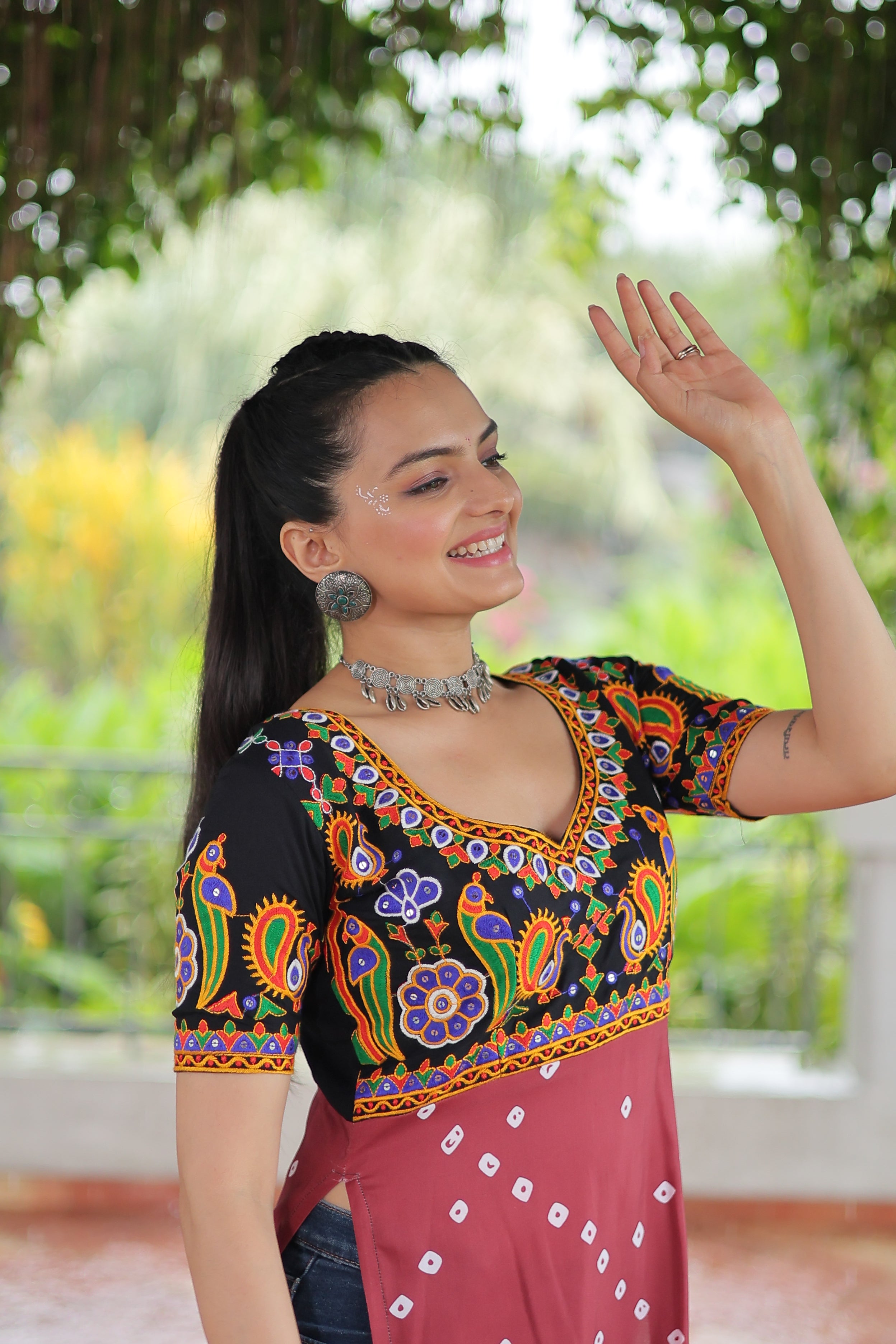Bandhani Printed Kutchi Embroidered Short Kurti