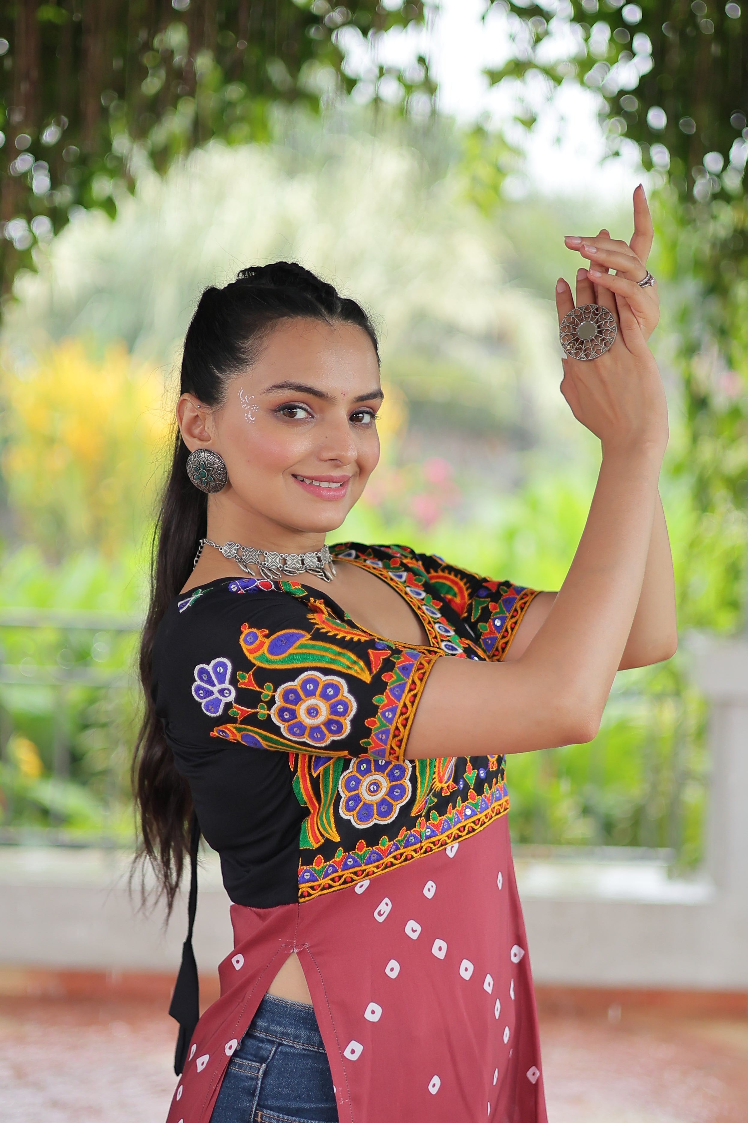 Bandhani Printed Kutchi Embroidered Short Kurti