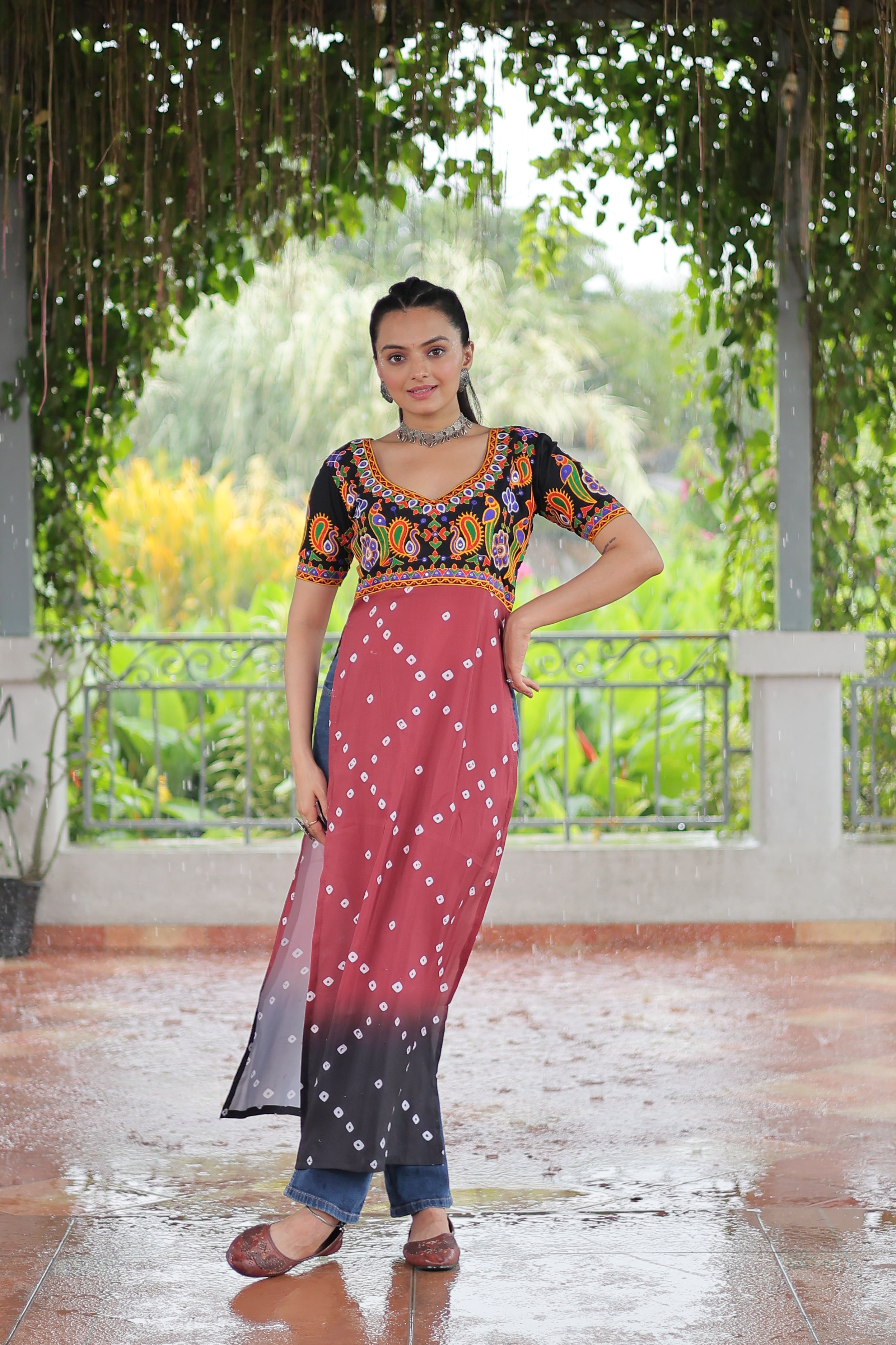 Bandhani Printed Kutchi Embroidered Short Kurti