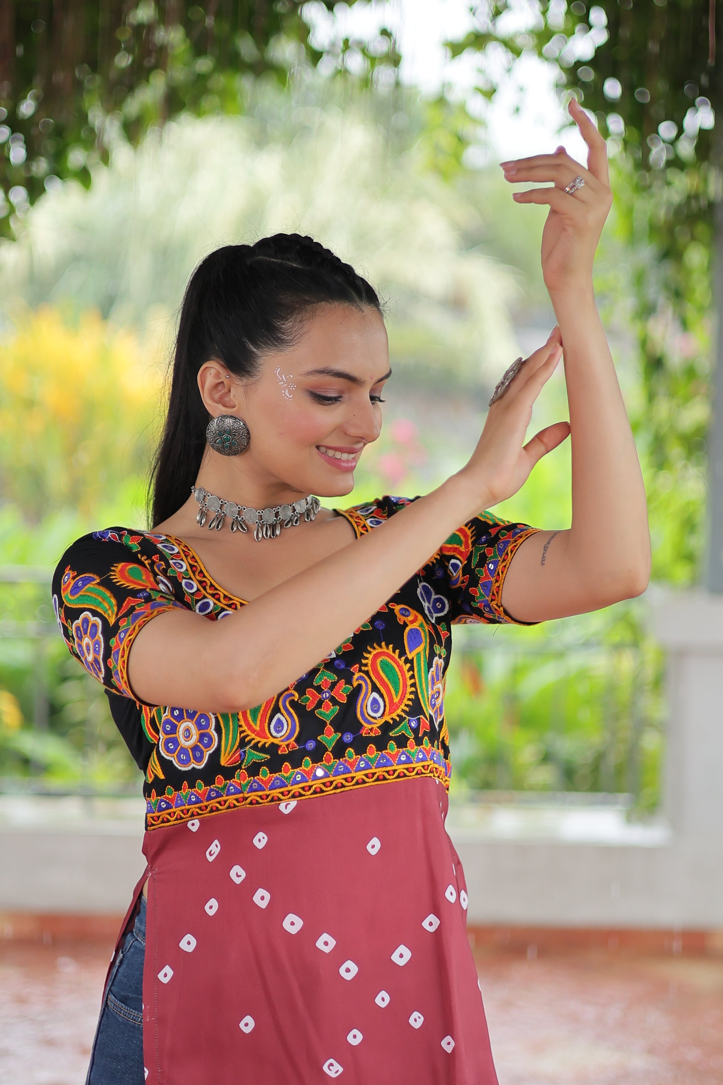 Bandhani Printed Kutchi Embroidered Short Kurti