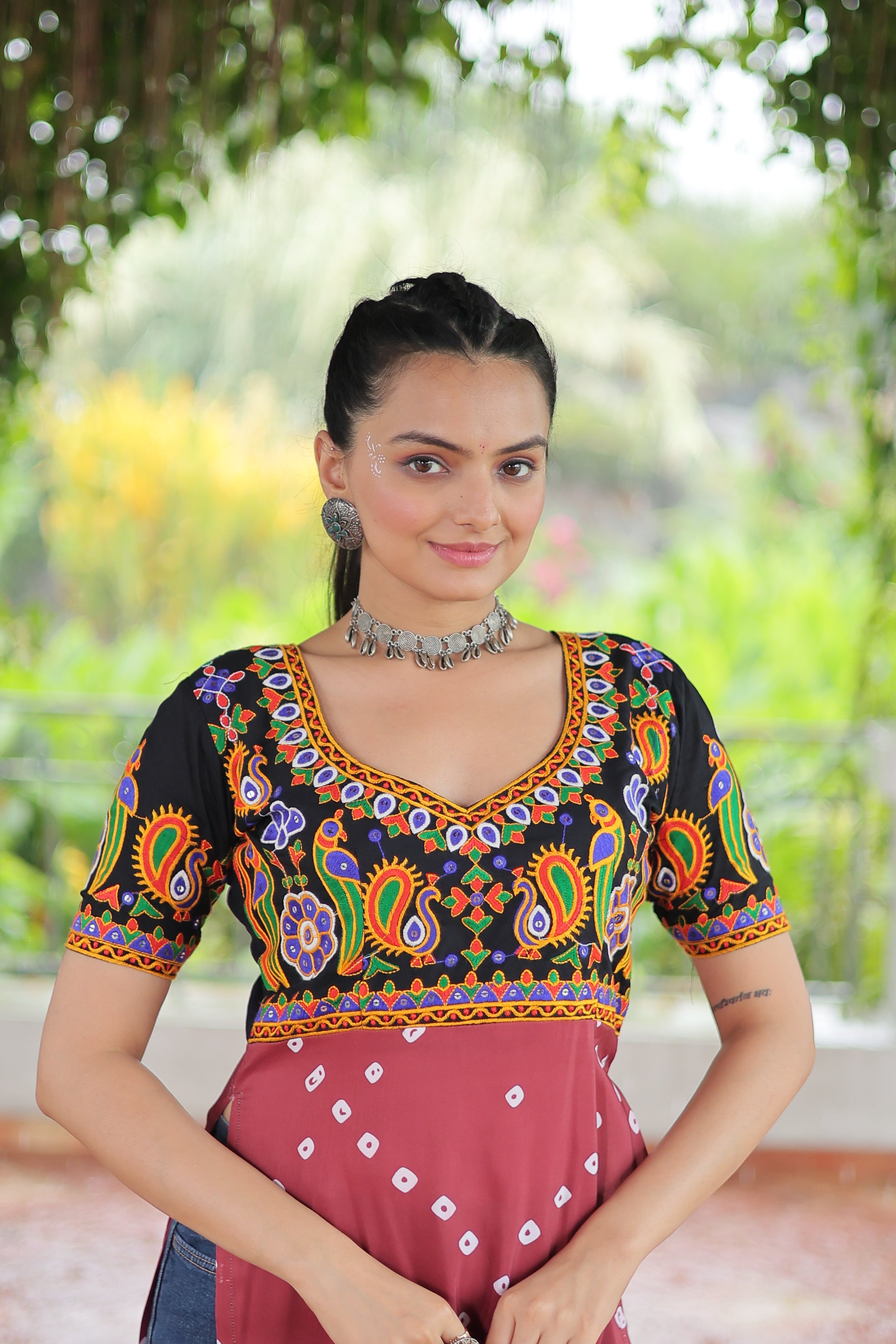 Bandhani Printed Kutchi Embroidered Short Kurti