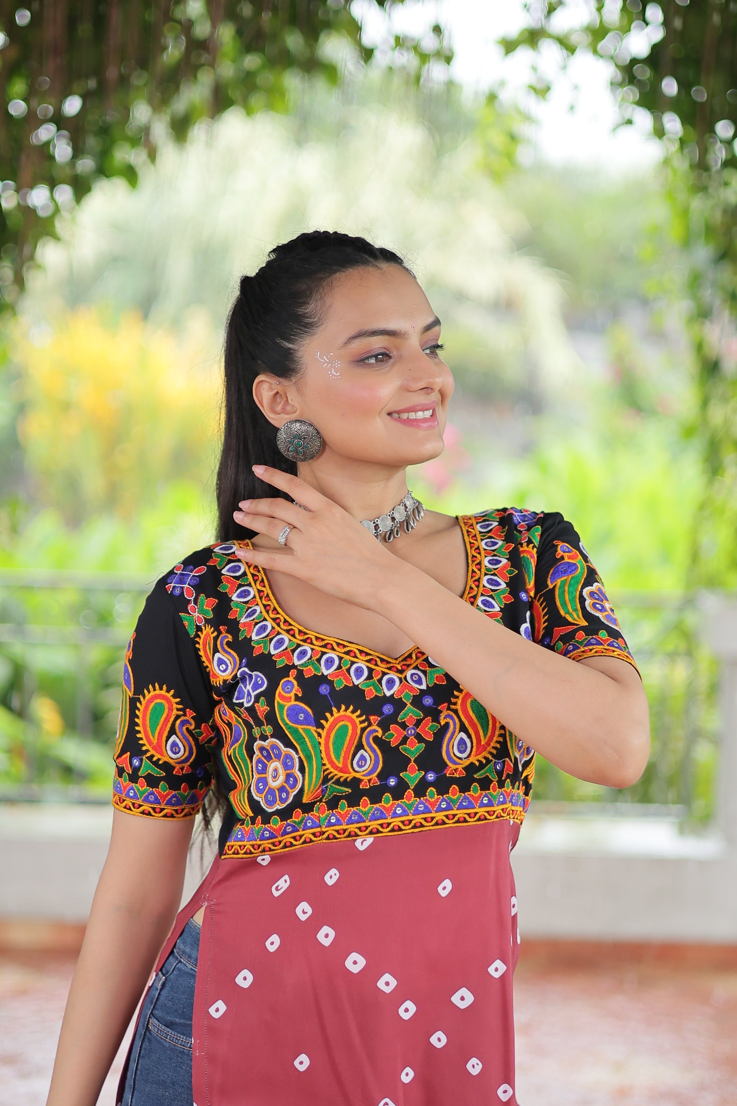 Bandhani Printed Kutchi Embroidered Short Kurti