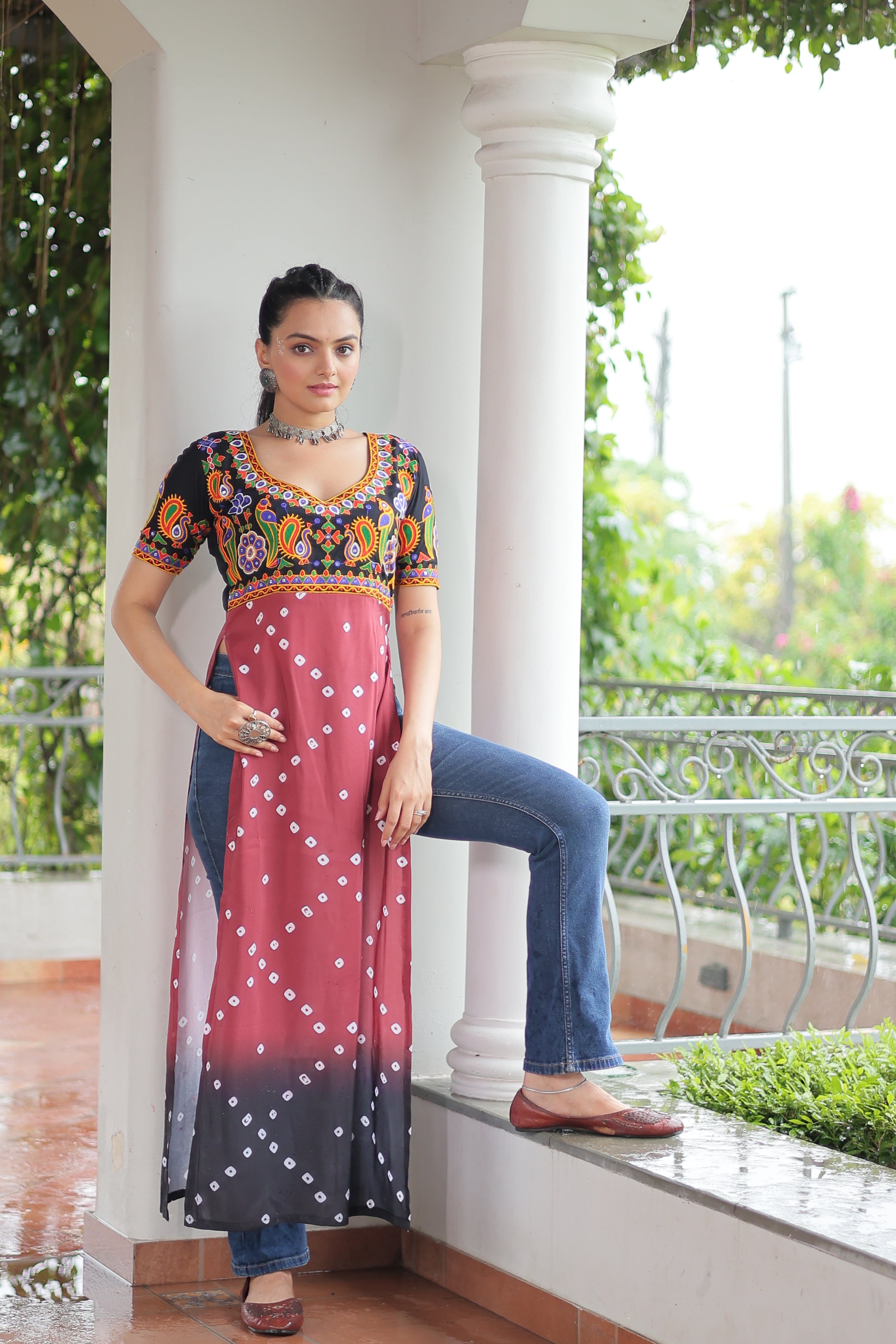 Bandhani Printed Kutchi Embroidered Short Kurti