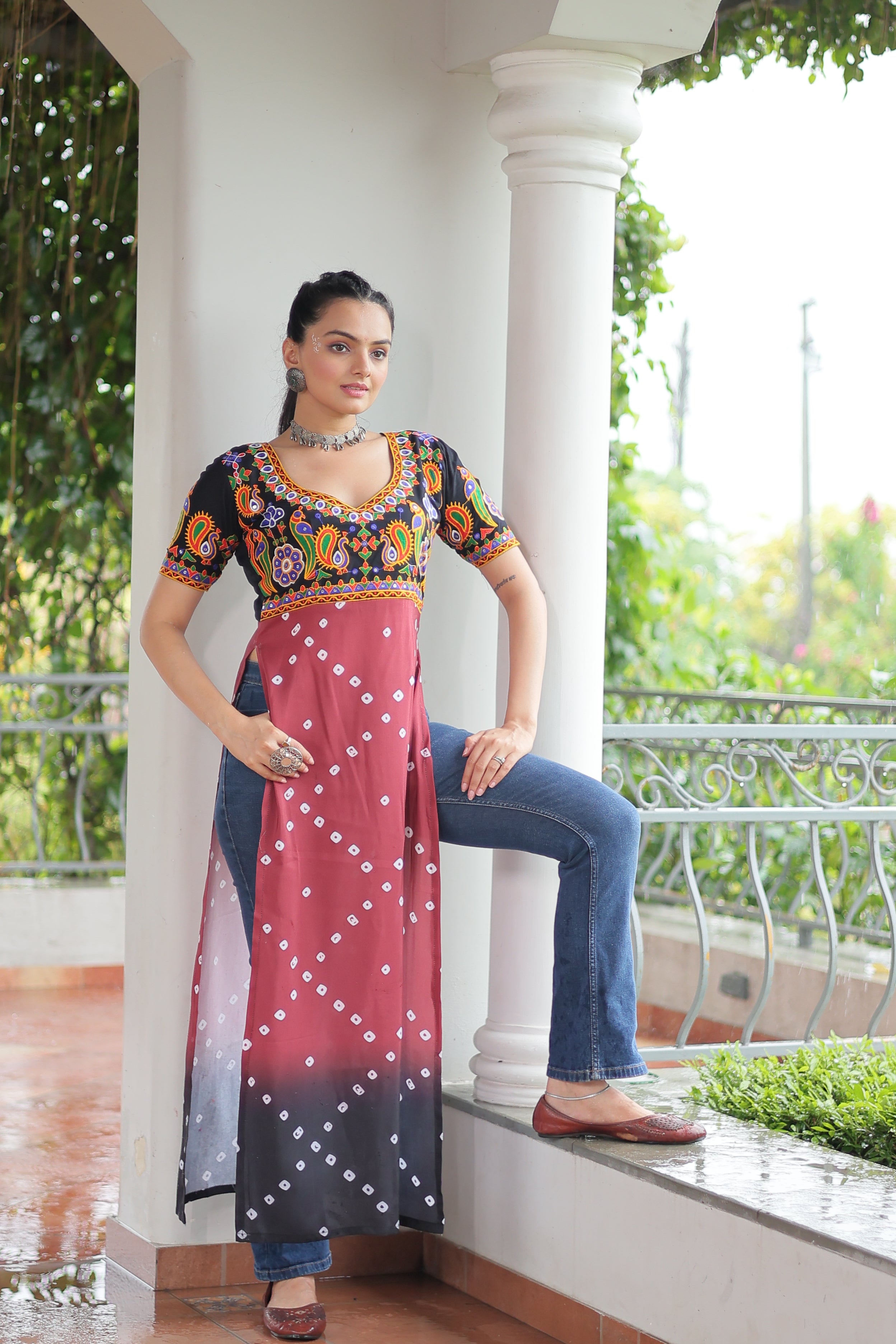 Bandhani Printed Kutchi Embroidered Short Kurti