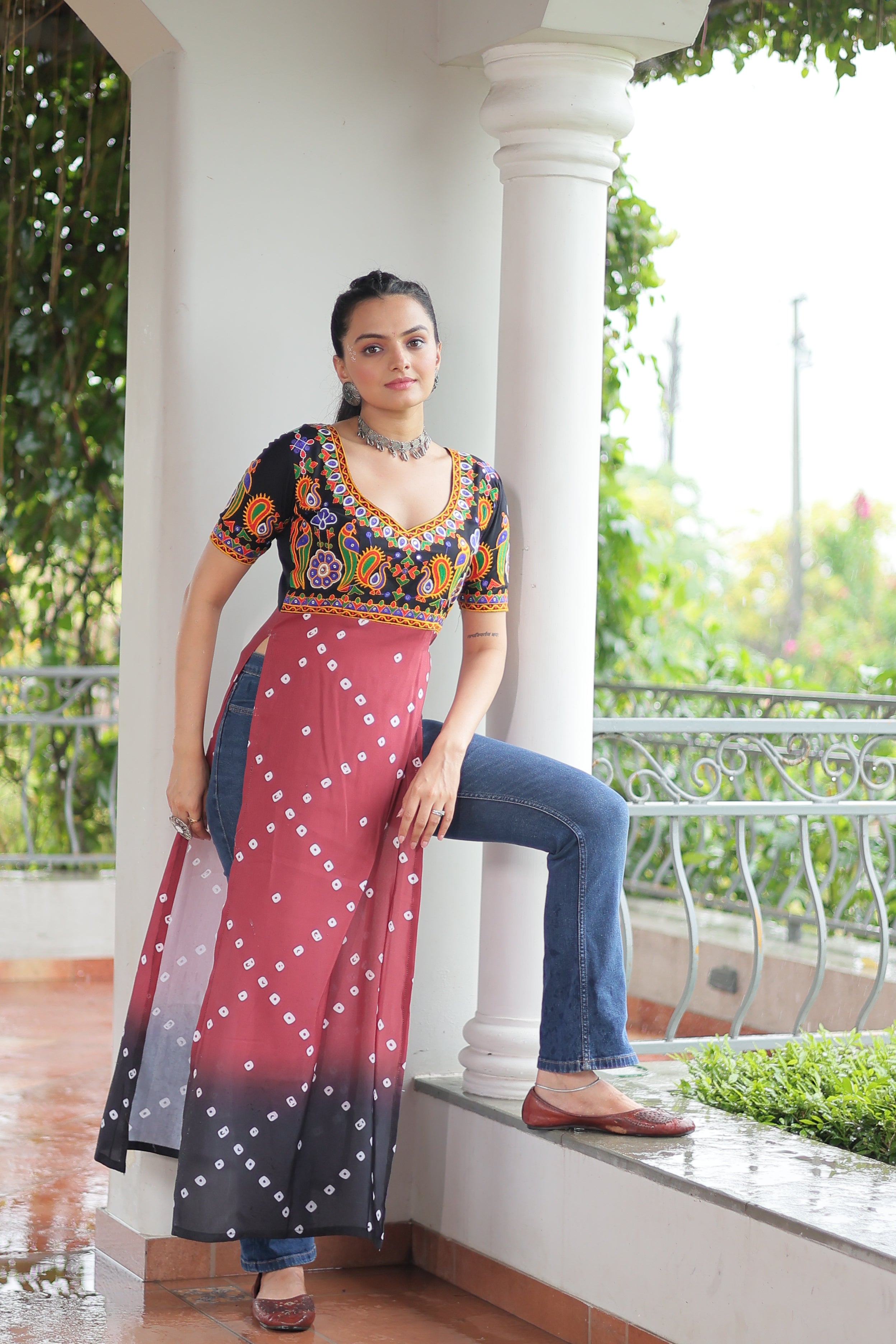 Bandhani Printed Kutchi Embroidered Short Kurti