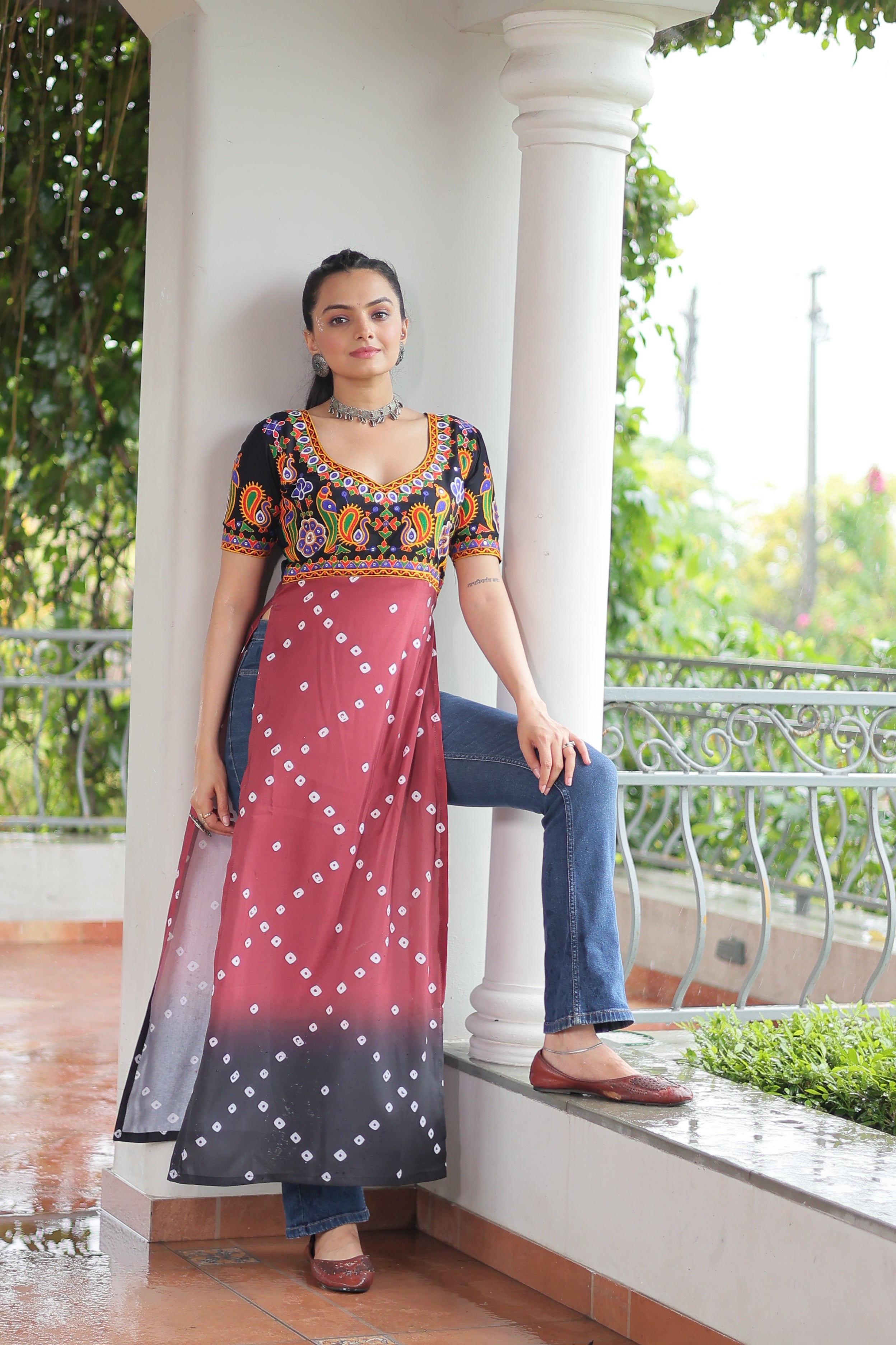 Bandhani Printed Kutchi Embroidered Short Kurti