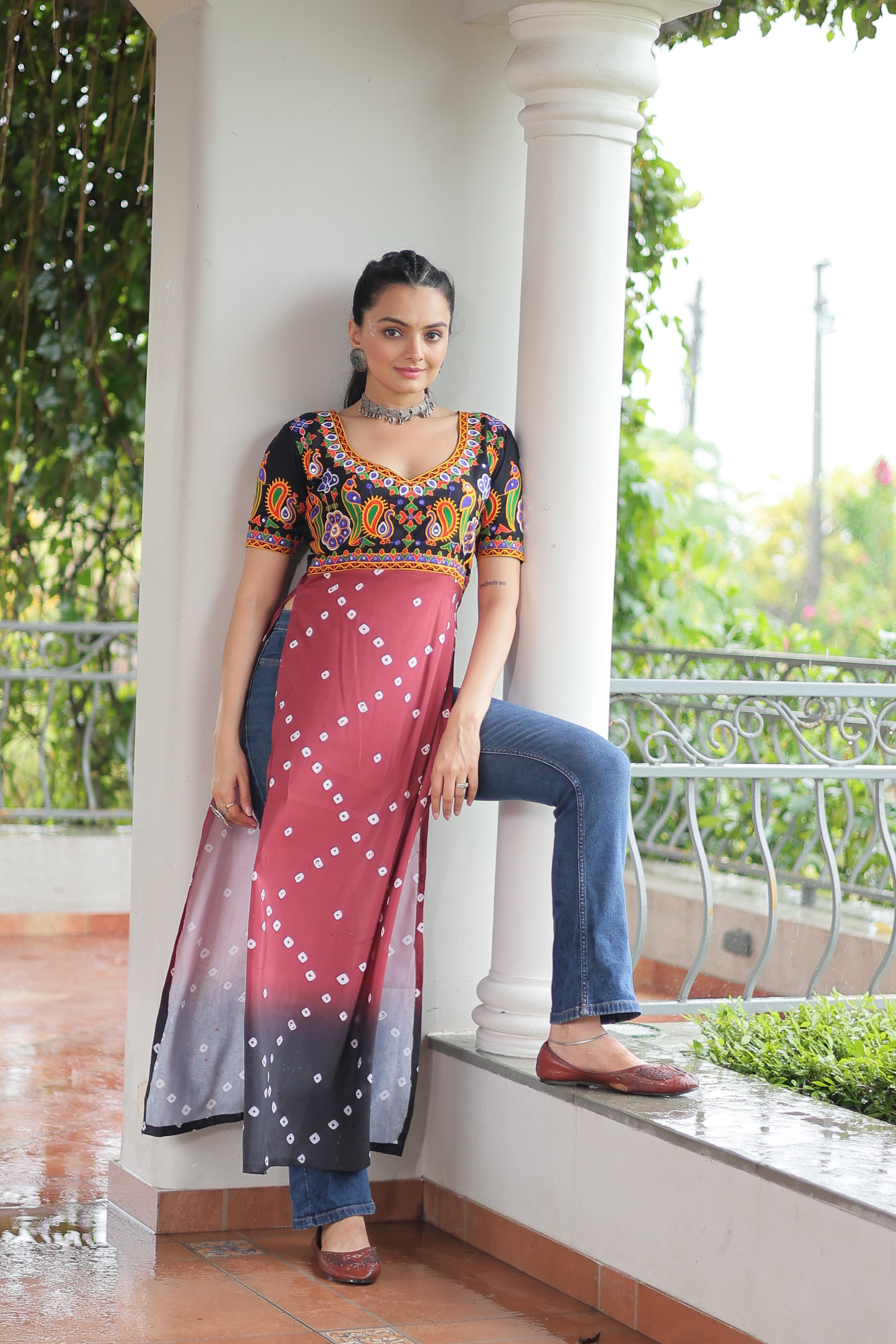 Bandhani Printed Kutchi Embroidered Short Kurti