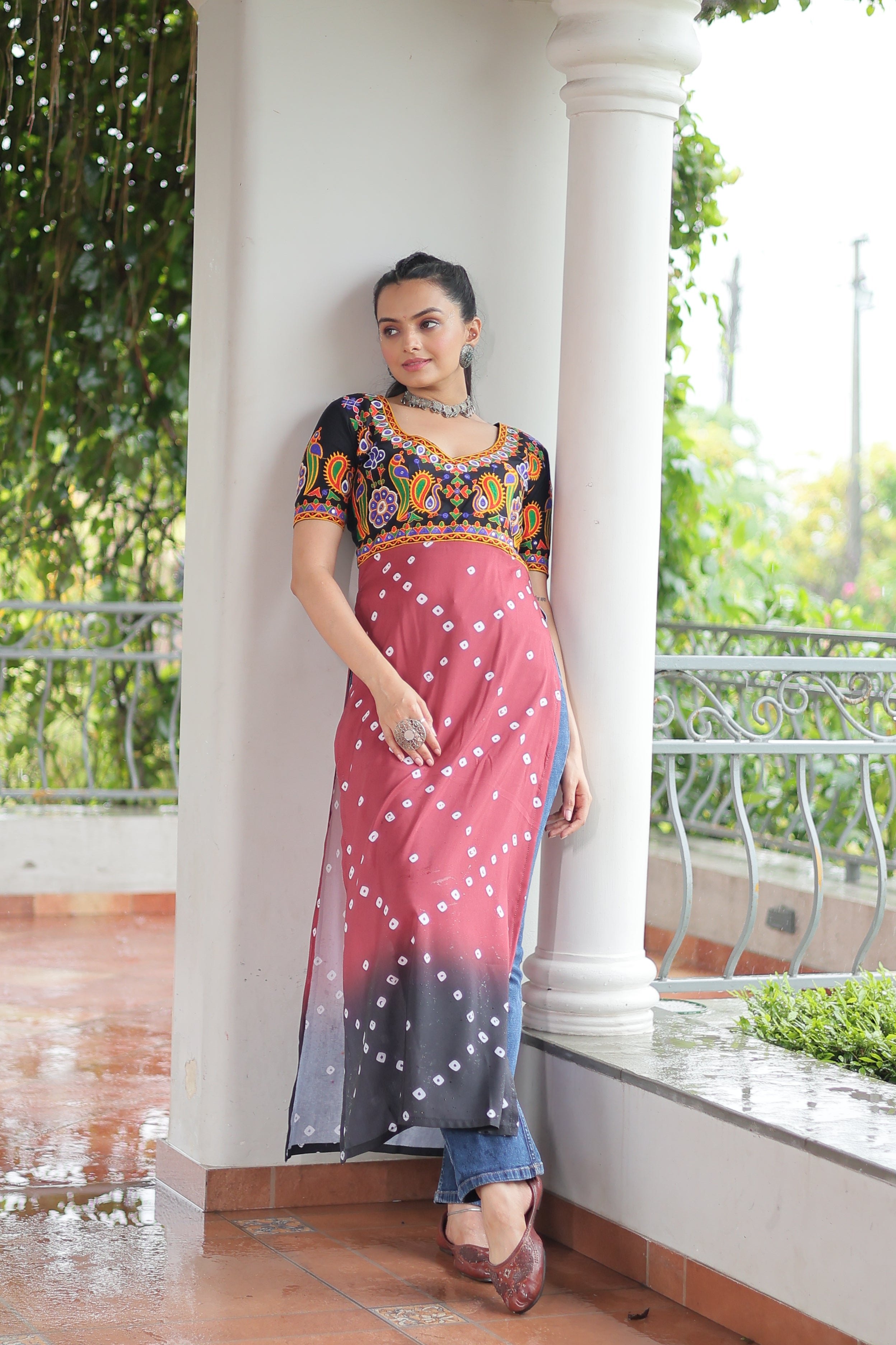 Bandhani Printed Kutchi Embroidered Short Kurti