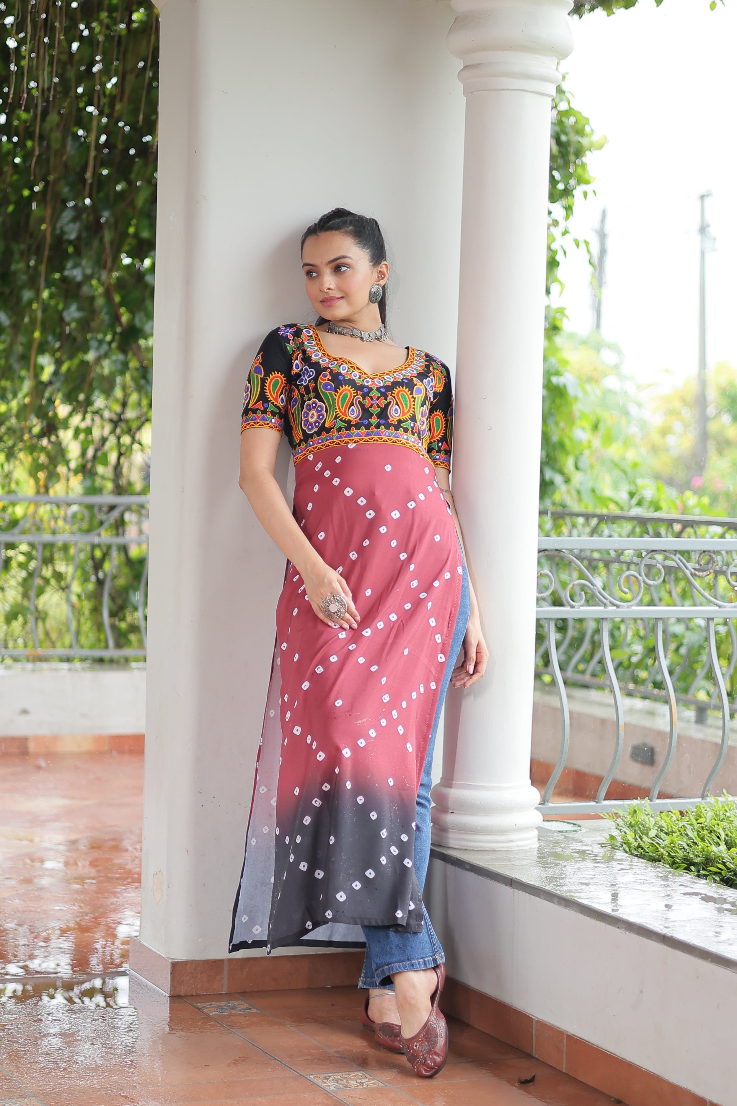 Bandhani Printed Kutchi Embroidered Short Kurti