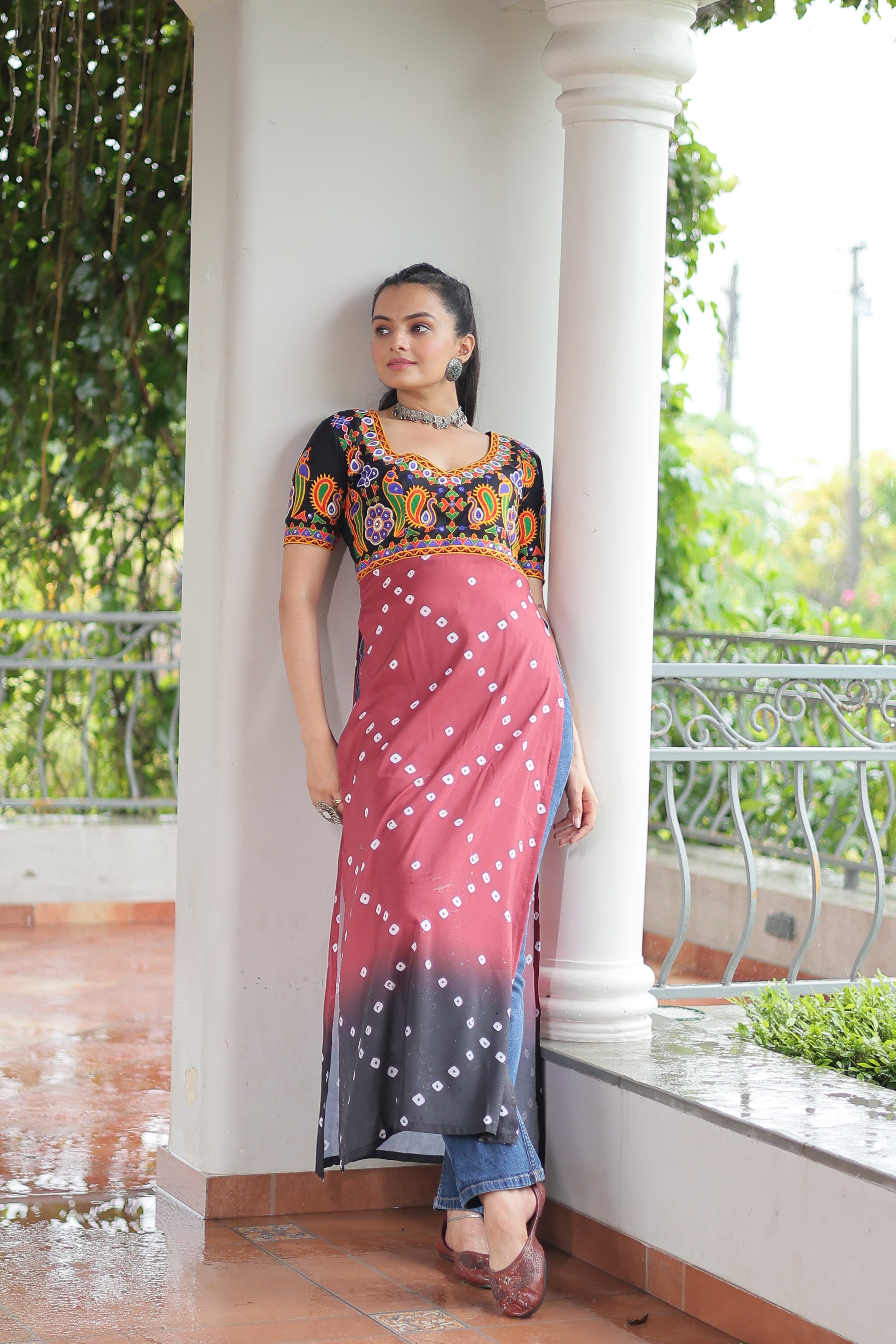 Bandhani Printed Kutchi Embroidered Short Kurti